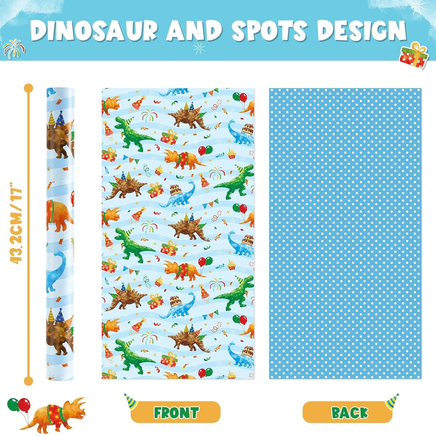 Dinosaur Reversible Wrapping Paper Roll - 1 Roll 17' X 33 Ft Happy Birthday Wrapping Paper Kids Dinosaur Gift Wrap Roll Boys Party Favor Polka Dot Design