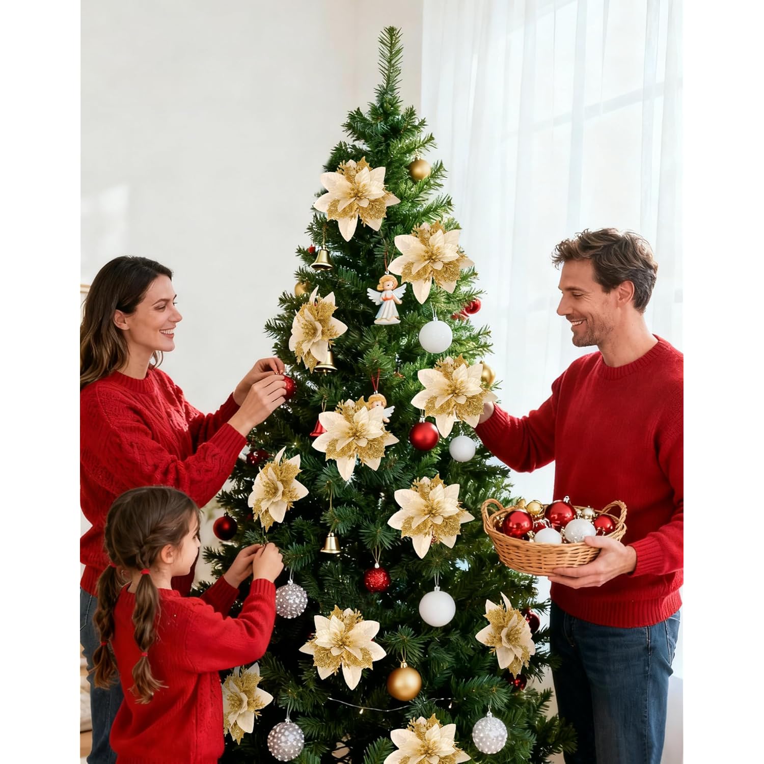 20 Pieces Poinsettia Flower Artificial Christmas Tree Decorations Wedding Flowers Glitter Xmas Tree Ornaments With Clips, 6-Inch Decor Wreath Garland Holiday Home Party Decor(Gold)