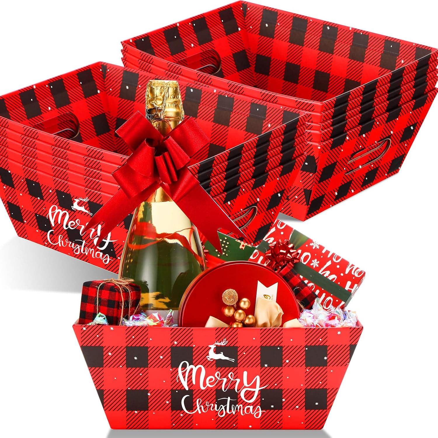 24 Pcs Christmas Baskets For Gifts 10 X 8 Inch Empty Basket With Handle Christmas Baskets For Gifts Wine Gift Basket Empty Red Sturdy Diy Bulk Gift Basket Kraft Market Tray Basket With Handles