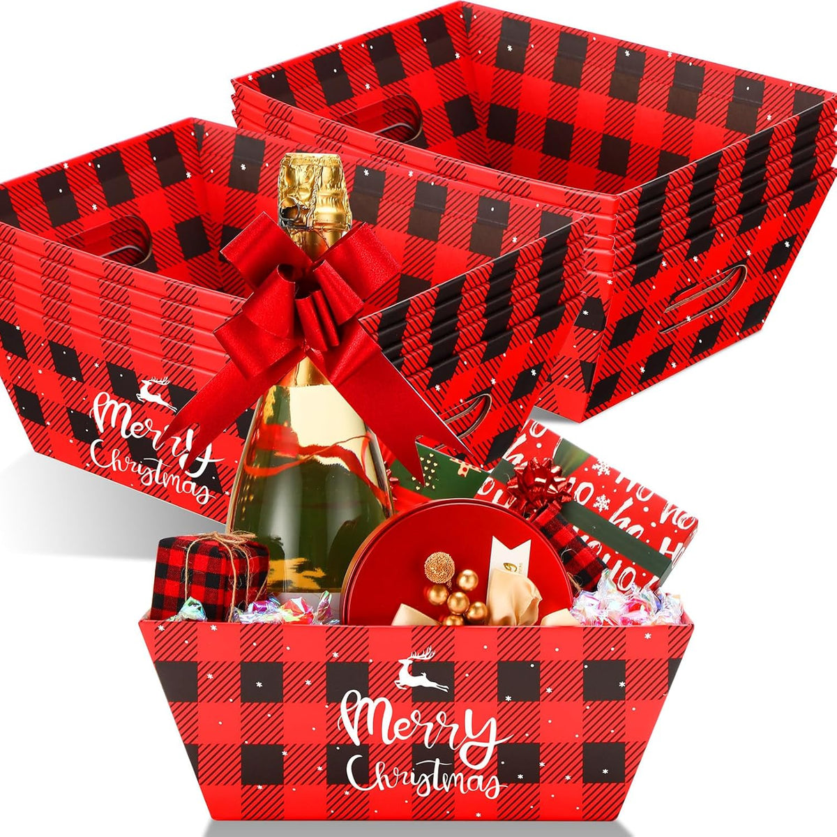 24 Pcs Christmas Baskets For Gifts 10 X 8 Inch Empty Basket With Handle Christmas Baskets For Gifts Wine Gift Basket Empty Red Sturdy Diy Bulk Gift Basket Kraft Market Tray Basket With Handles