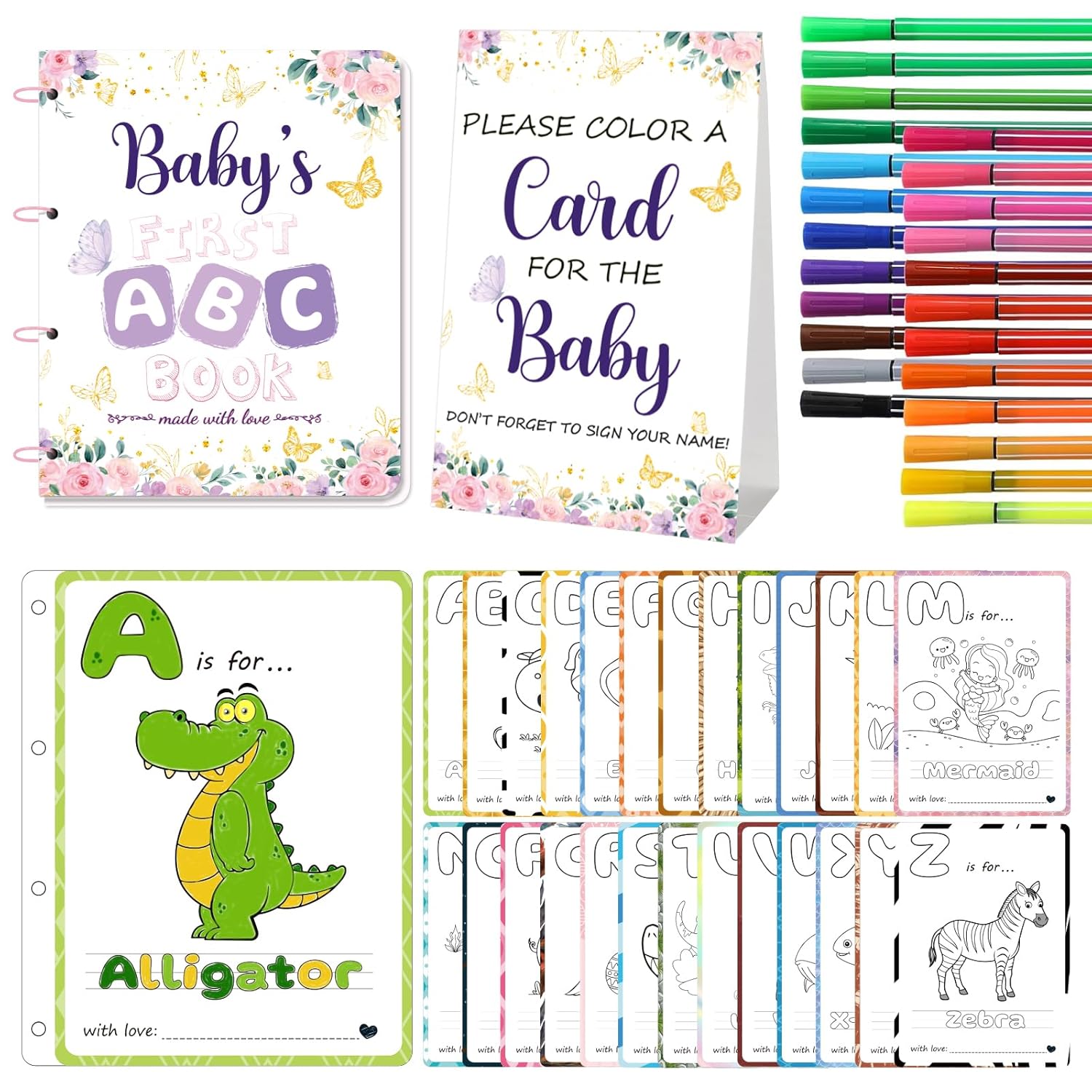 Baby’S First Abc Book Baby Shower Activity & Keepsake Game, A To Z Animal Coloring Cards With 24 Watercolor Pens, Fun & Interactive Baby Shower Game For Guests, Guest Book Alternative (Butterfly)