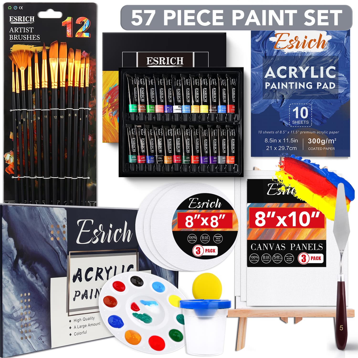 Acrylic Paint Set,57 Pcs Professional Painting Supplies With Paint Brushes, Acrylic Paint, Easel, Canvases, Painting Pads?Palette, Paint Knife, Brush Cup And Art Sponge For Hobbyists And Beginners