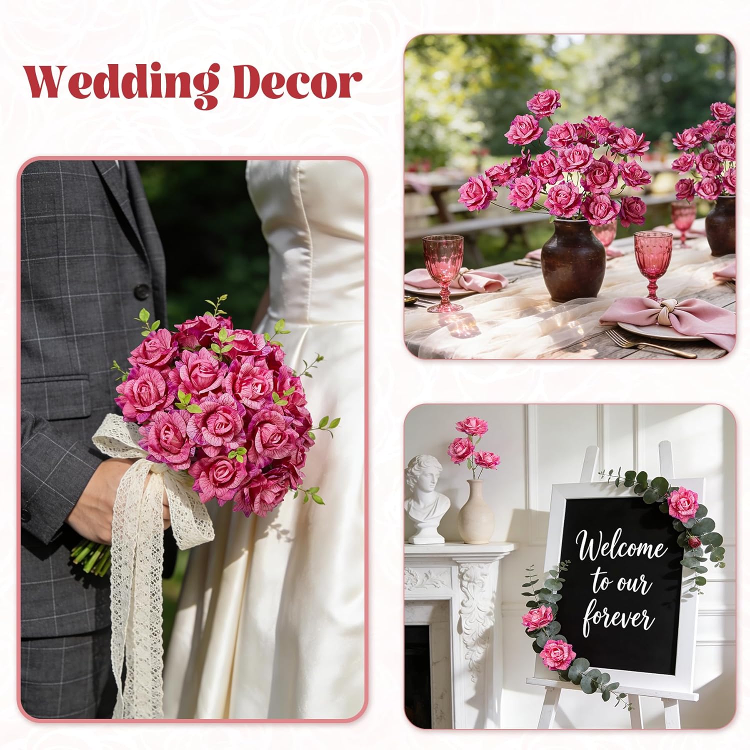 Artificial Flowers Fake Roses, 6Pcs 28" Long Stem Silk Roses For Wedding Centerpieces Home Party Valentine'S Day Decor, Realistic Faux Bouquet For Tall Vase Indoor (Fuchsia)