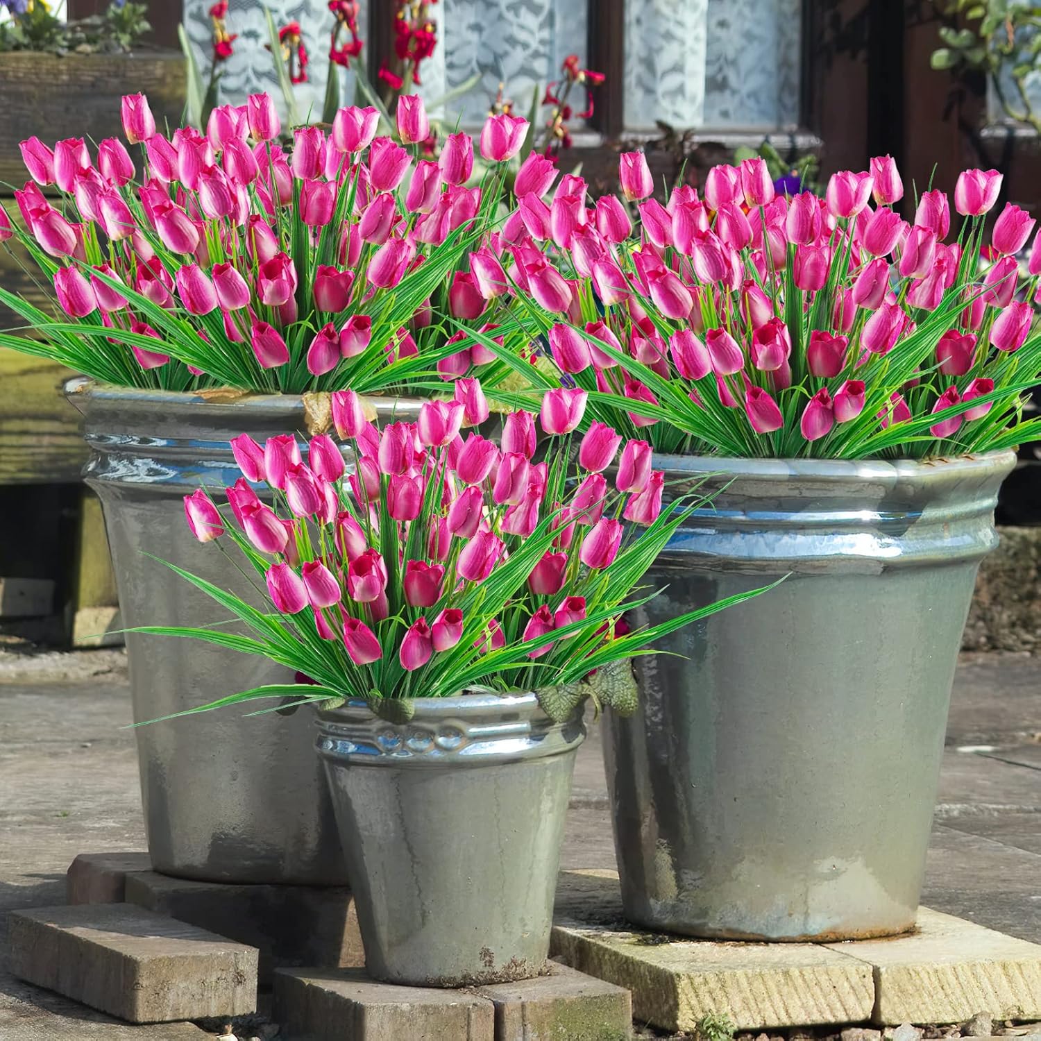 6 Bundles Tulips Artificial Flowers,30 Heads Outdoor Artificial Tulip Faux Plastic Greenery Shrubs Plants Uv Resistant For Easter Home Outside Garden Porch Window Decor (Purple)