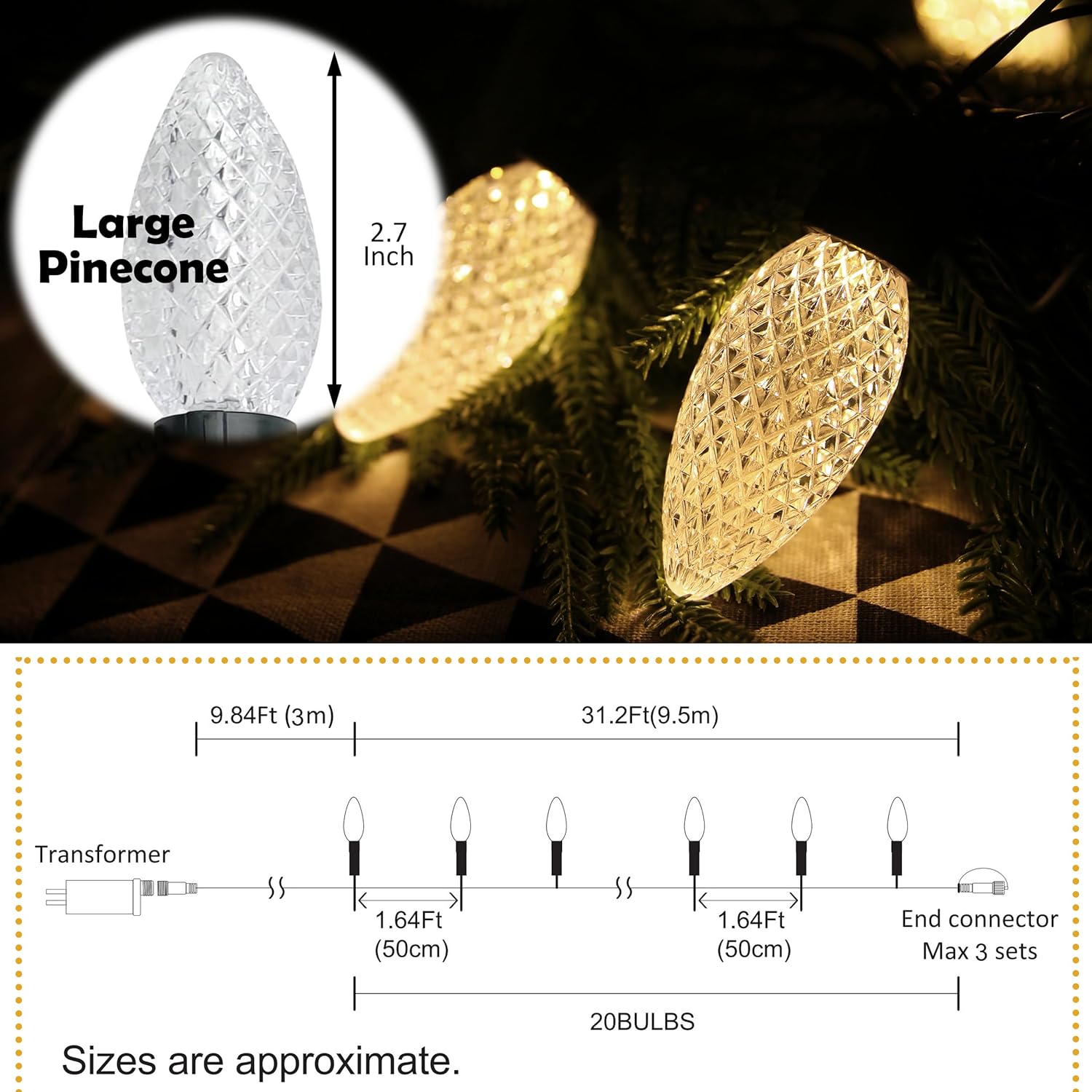 20 Led 41 Ft Christmas Oversize Pinecone String Lights, Fairy Twinkle String Lights Plug In With 11 Modes, Timer & Memor
