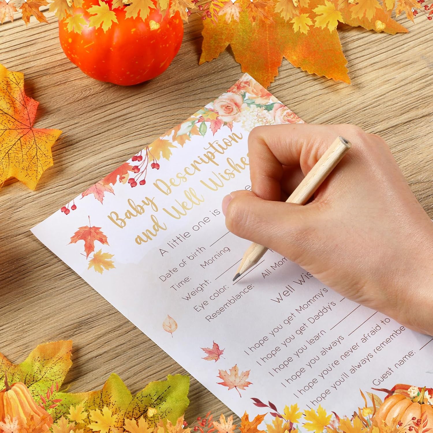 145Pcs Fall Pumpkin Baby Shower Games 5 Set Game Activity Cards With 20 Pencils For Boy Girl, Description And Wishes, Baby Price, Word Scramble Game Pumpkin Decor