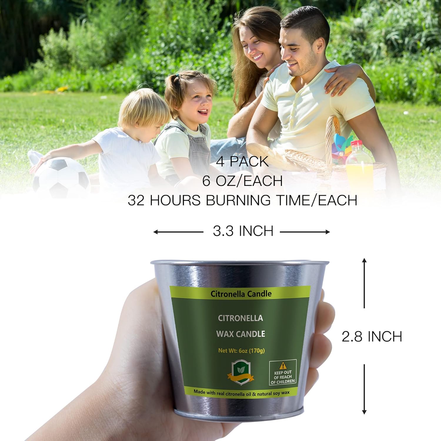 Citronella Candles Outdoor, 6 Oz Pack Of 4 128 Hours Burning, Citronella Candles Set Outside For Party Hiking Camping Patio Bbq Deck Lanai Garden Yard Home Balcony