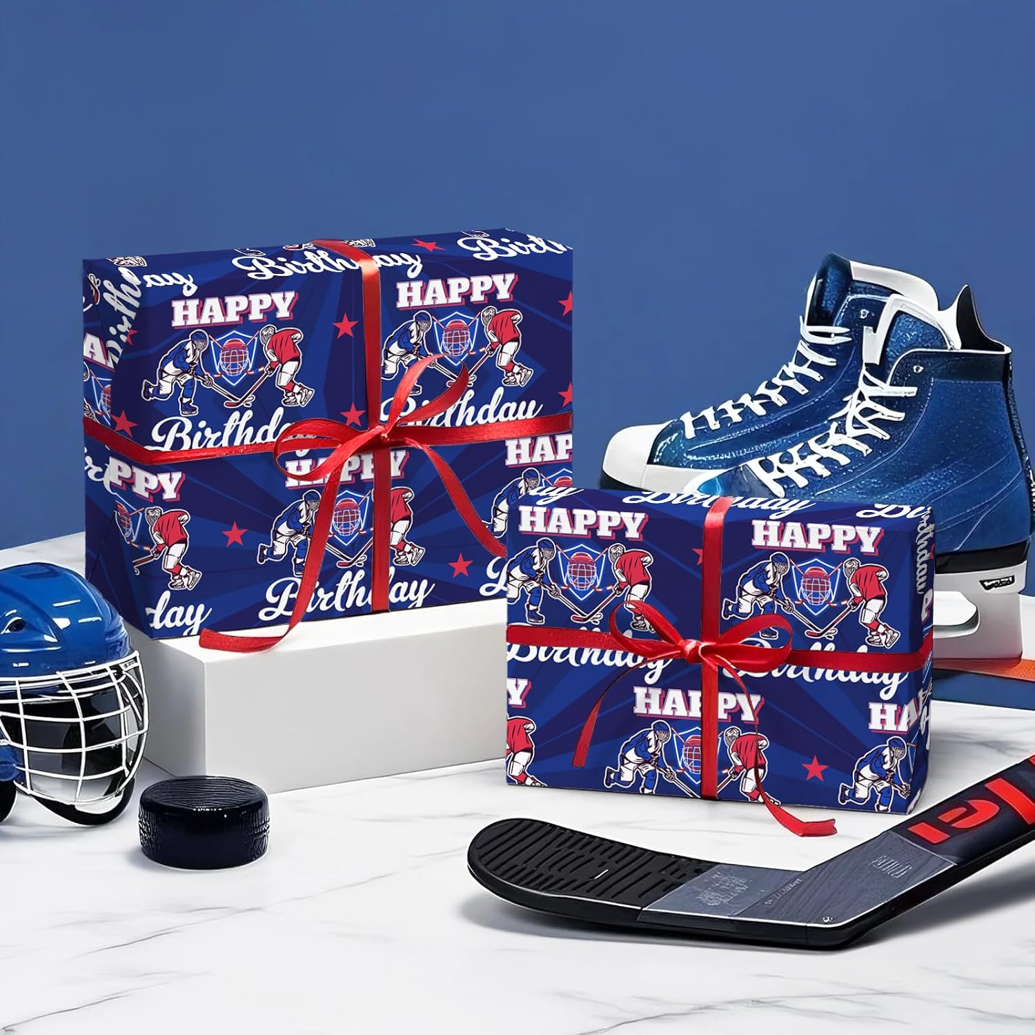 Hockey Birthday Wrapping Paper Roll - Mini Roll - 17 Inch X 16.5 Feet - Happy Birthday Sport Hockey Wrapping Paper For Boys Girls Kids Teens, Sports Party, Team Celebration