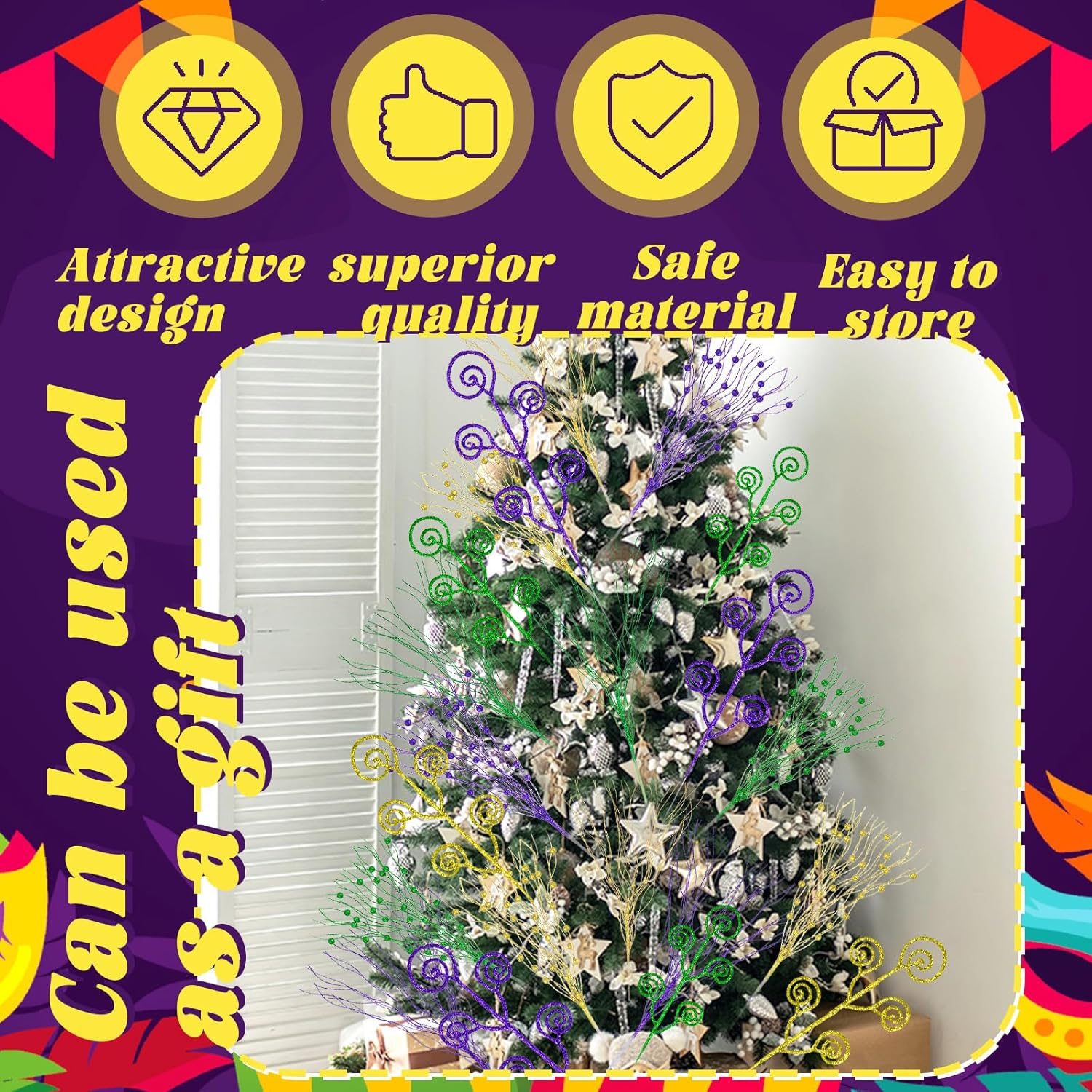36 Pcs Mardi Gras Decoration 15.8 Inch Mardi Gras Tree Picks Artificial Glitter Purple Green Gold Berry Stems Ornaments For Carnival Party Home Decoration