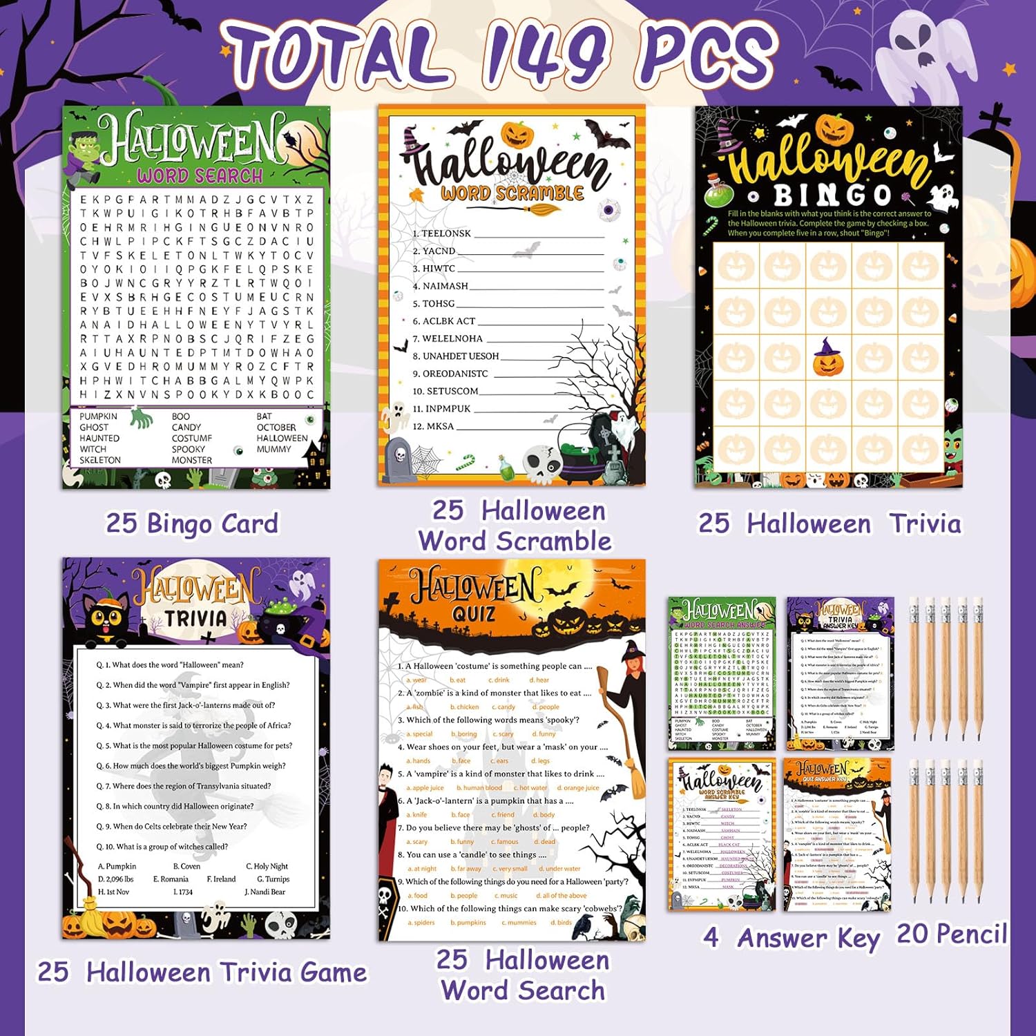 149 Pcs Halloween Party Games With Pencil 25 Players Halloween Word Search Scramble Trivia Quiz Game Bingo Card For Adults Groups Fall Family Activities Party Favors Supplies