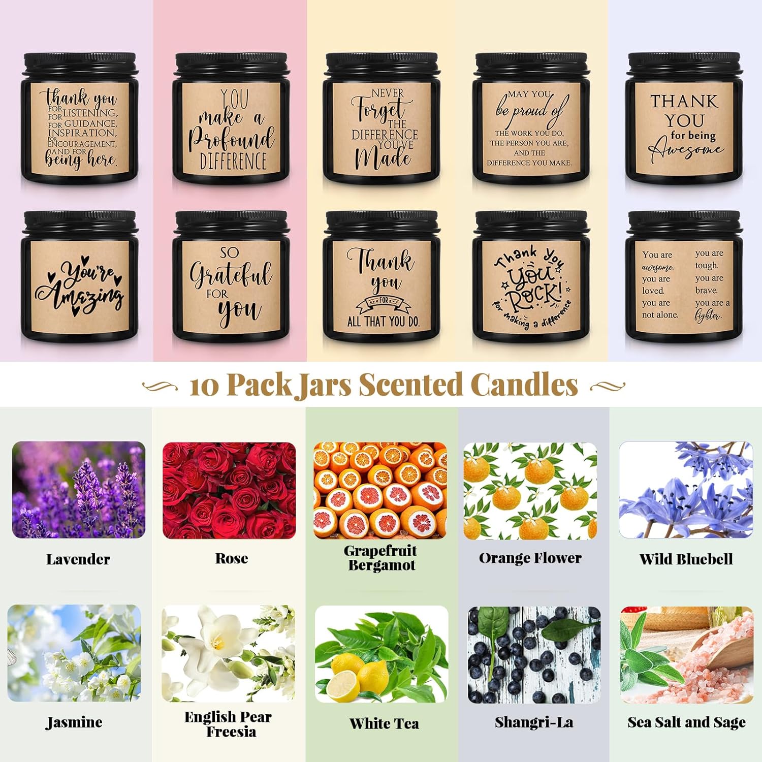 10 Jars Thank You Gift Candles 3.5 Oz Valentines Employee Appreciation Gifts Bulk Soy Wax Jar Inspirational Candle Thank You Coworkers Employee Women Secretaries Teacher(Amber,Pretty,Lovely)