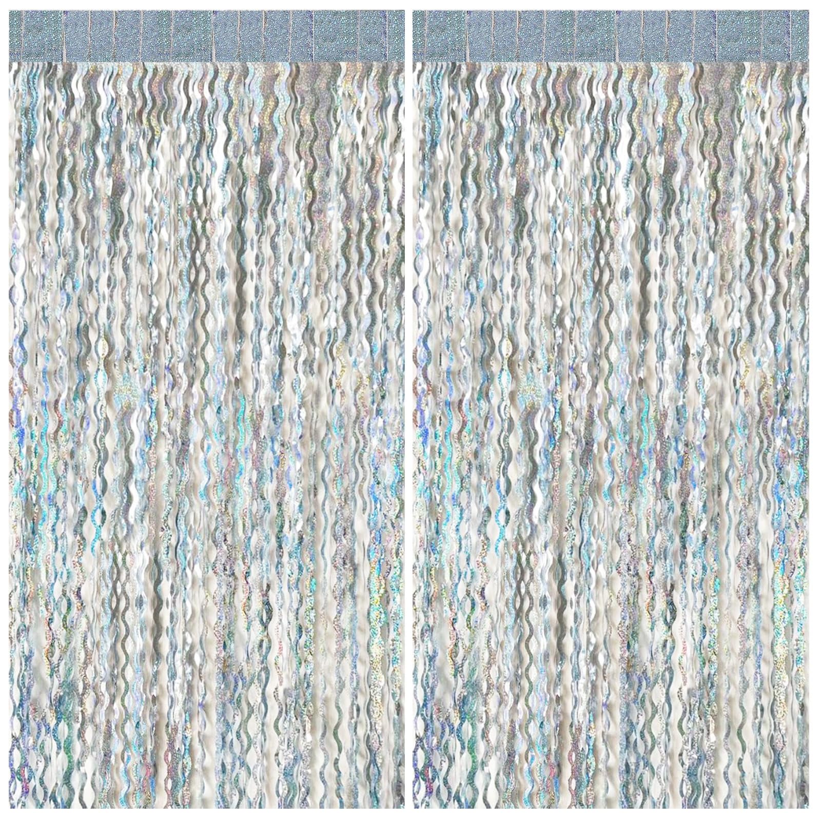 2 Pack Silver Backdrop Curtain Tinsel Streamers Sparkle Metallic Wavy Foil Fringe Photo Booth Props for Birthday Graduation Bachelorette New Year Christmas Wedding Disco Party Decorations