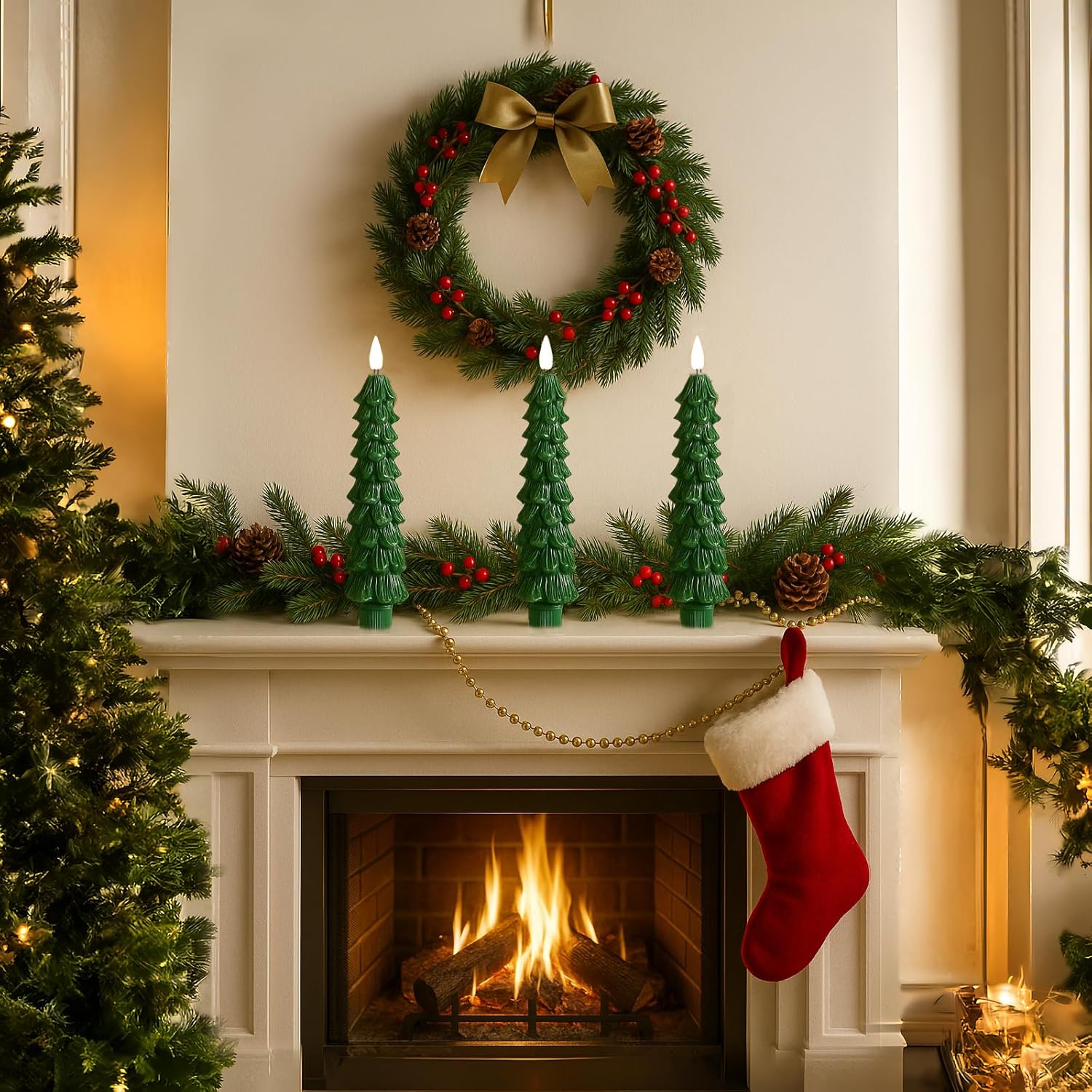 Christmas Decorations Indoor - 4 Pcs Christmas Tree Candles With Remote And Timer - Flameless Christmas Taper Candles - Battery Perated Green Led Candlesticks For Christmas Home Decor