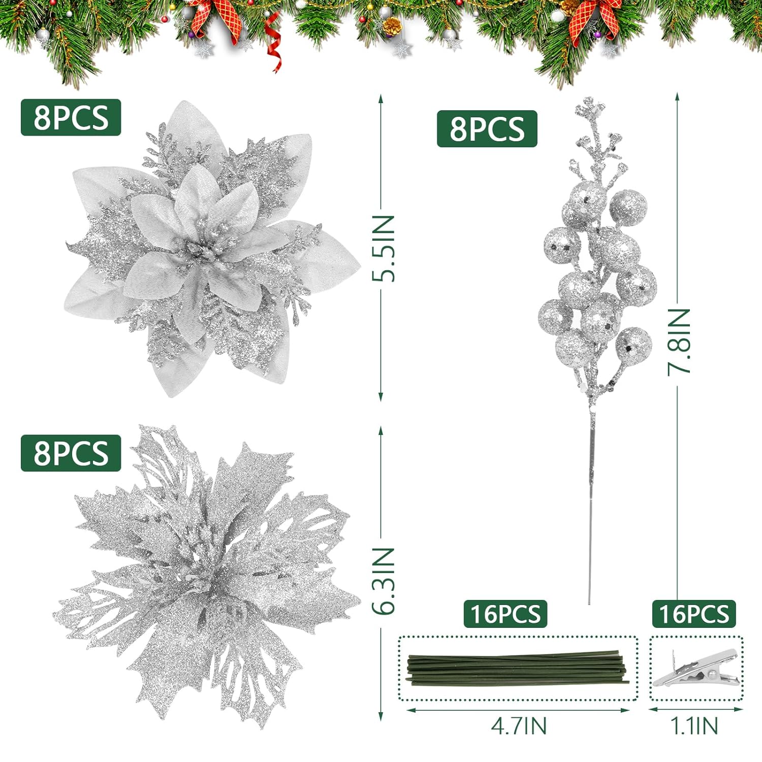 Christmas Flowers Artificial Glitter 24Pcs Poinsettia Flowers Berries Christmas Decoration Xmas Tree Ornaments Wreath Garland Decoration, Silvery