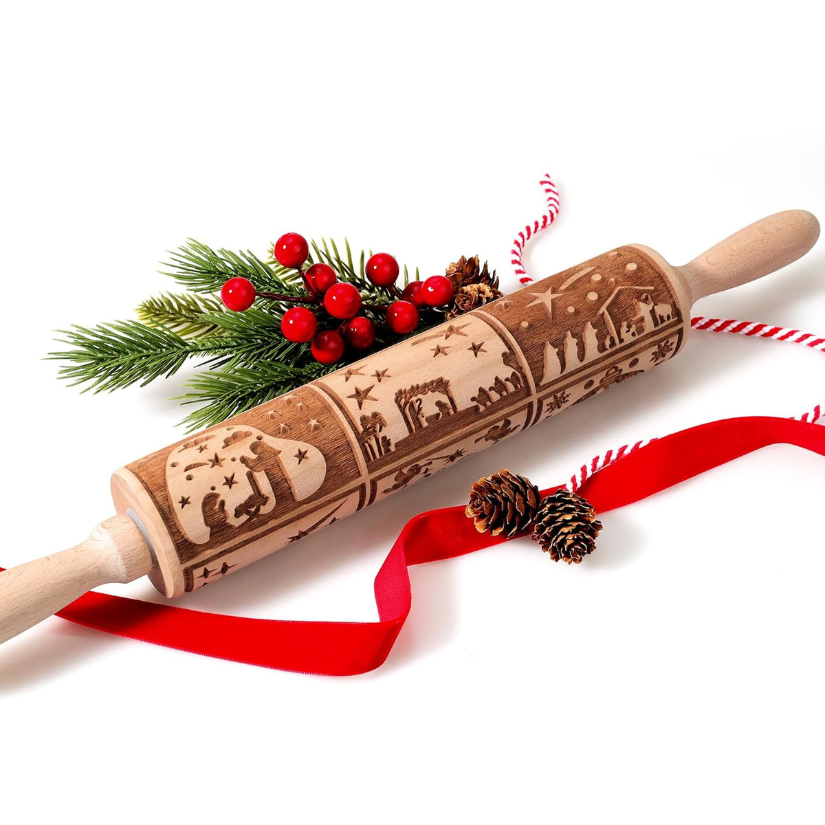 17" Premium Wooden Rolling Pins For Baking With Nativity Embossed Designs | 3Mm Deep Springerle Cookie Molds | Christmas Rolling Pin & Baking Gifts For Women | Includes 3-In-1 Cleaning Brush