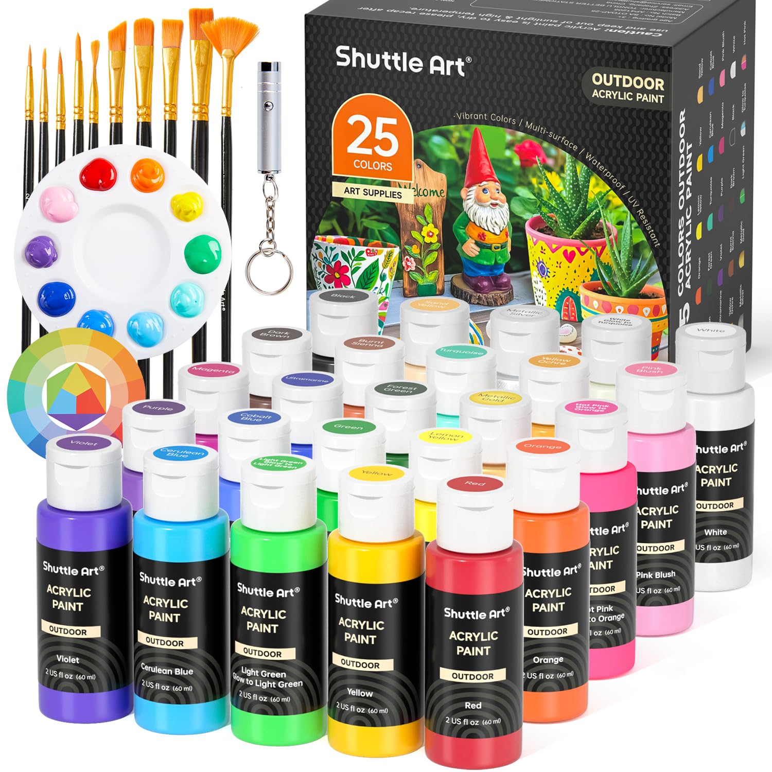 25 Colors Outdoor Acrylic Paint Set, 2Oz/60Ml Waterproof Acrylic Paint With 10 Brushes 1 Palette, Rich Pigmented Paints For Artists, Beginners On Rocks, Wood Crafts, Garden Statues