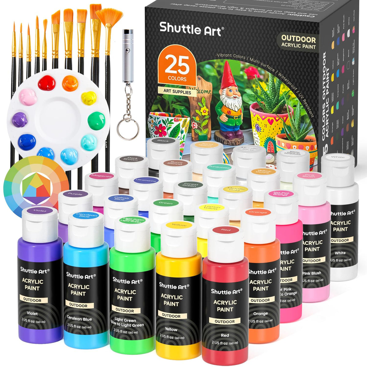 25 Colors Outdoor Acrylic Paint Set, 2Oz/60Ml Waterproof Acrylic Paint With 10 Brushes 1 Palette, Rich Pigmented Paints For Artists, Beginners On Rocks, Wood Crafts, Garden Statues