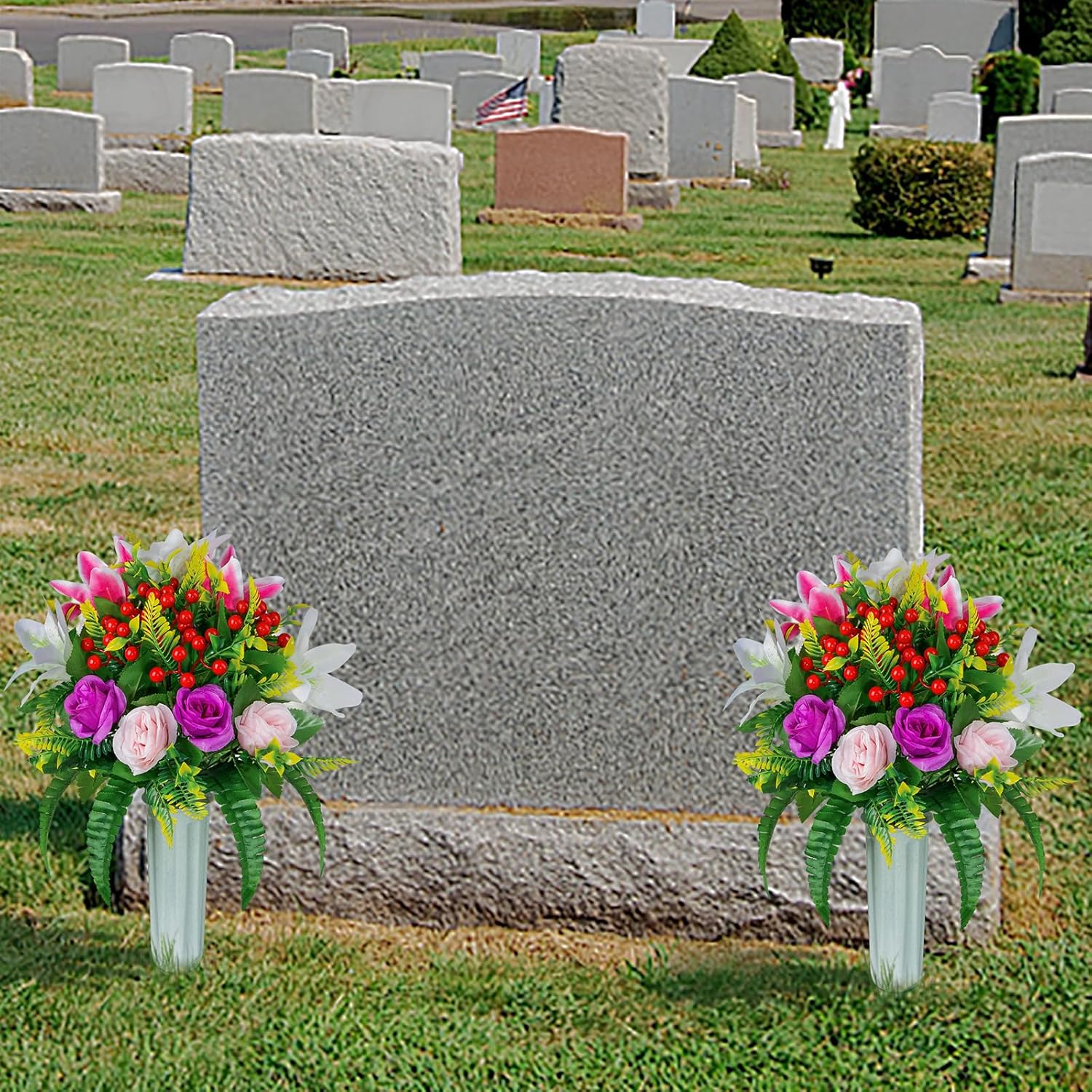 Artificial Cemetery Flowers With Vase, Set Of 2 Artificial Rose Lily Bouquet Grave Memorial Flowers For Cemetery Headstones Gravesites Outdoor Decoration (Purple&Pink)