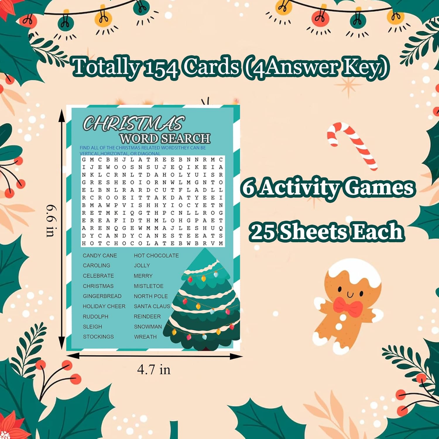 154 Pcs Christmas Games Sets Christmas Party Games Card For Family,Christmas Word Search Word Scramble Riddles Code Break For Christmas Winter Festival Activity Party Supplies