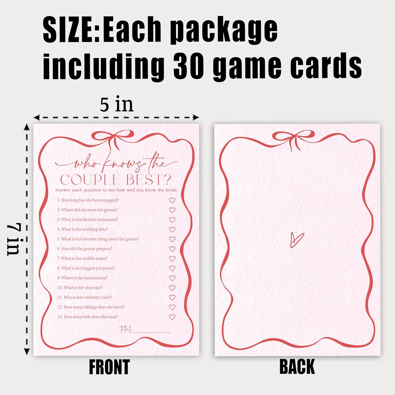 5" X 7" Pink Bow Bridal Shower Game Cards - Who Knows The Couple Best - 30Pcs Double-Sided Fill-In Wedding Game Cards, Engagement & Wedding Party, Activities & Decor- A05