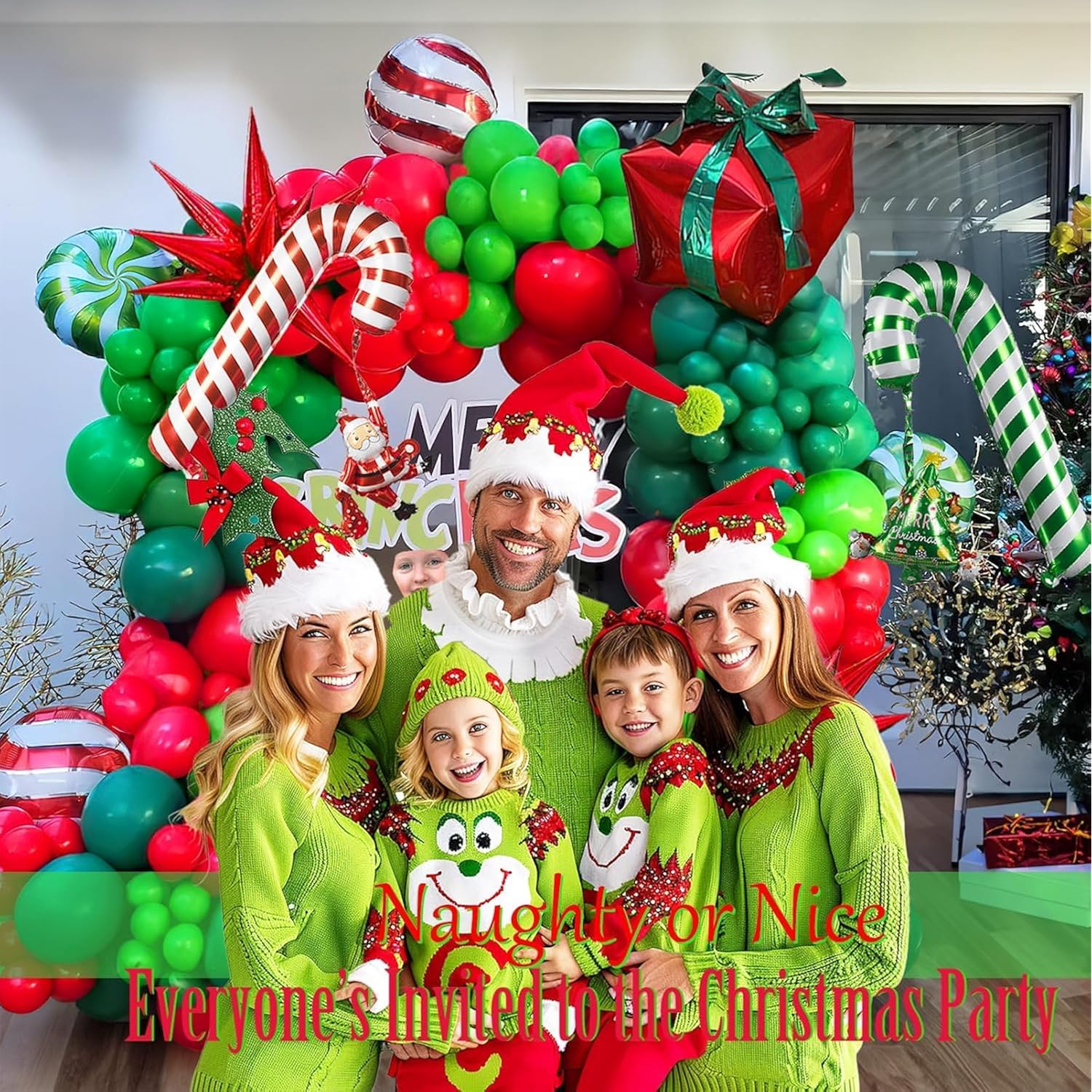 Christmas Balloon Garland Kit 120Pcs Xmas Red Green Balloons With Candy Cane Christmas Tree Gift Box Balloons For Kids Grinchmas Party Naughty Christmas Birthday Decorations