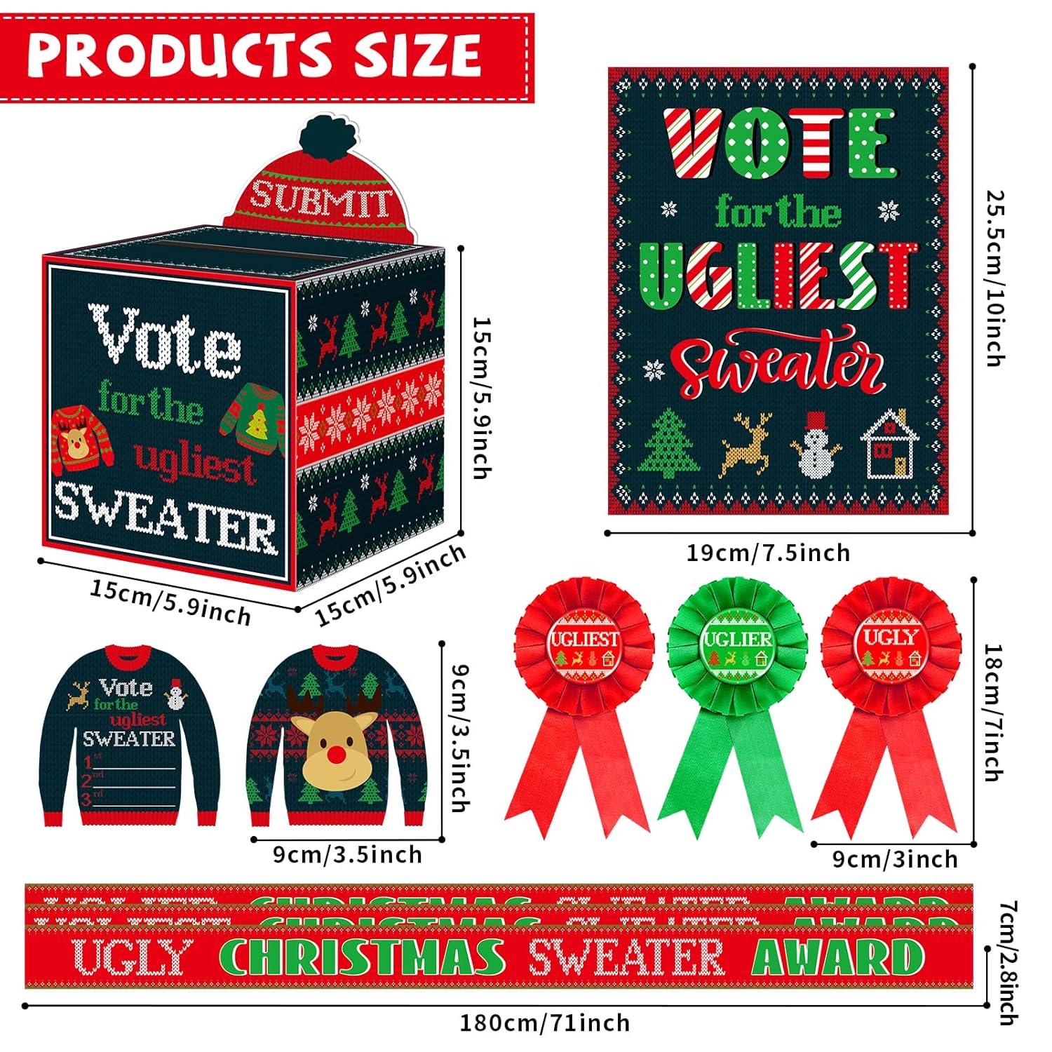 68Pcs Christmas Ugly Sweater Party Voting Cards Sets Supplies With Contest Ballot Box Voting Cards Award Sashes Medal Badges Trophy Games Decorations For Winter Xmas Holiday New Year Party Favors