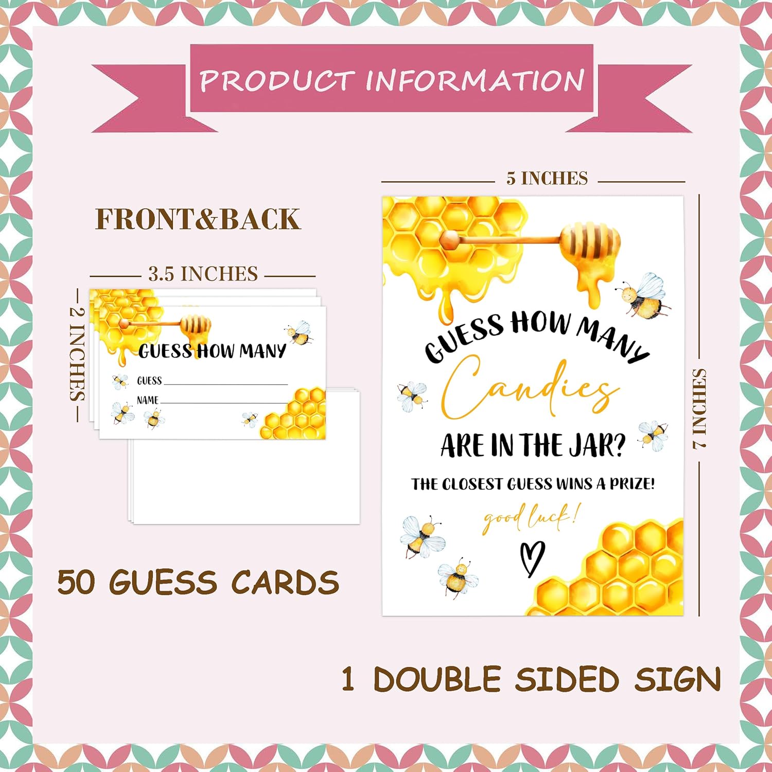 Honey Bee Baby Shower Game, Guess How Many Candies Are In The Jar, Pack Of 1 Sign And 50 Guessing Cards, Baby Shower Decoration, Gender Neutral - 08