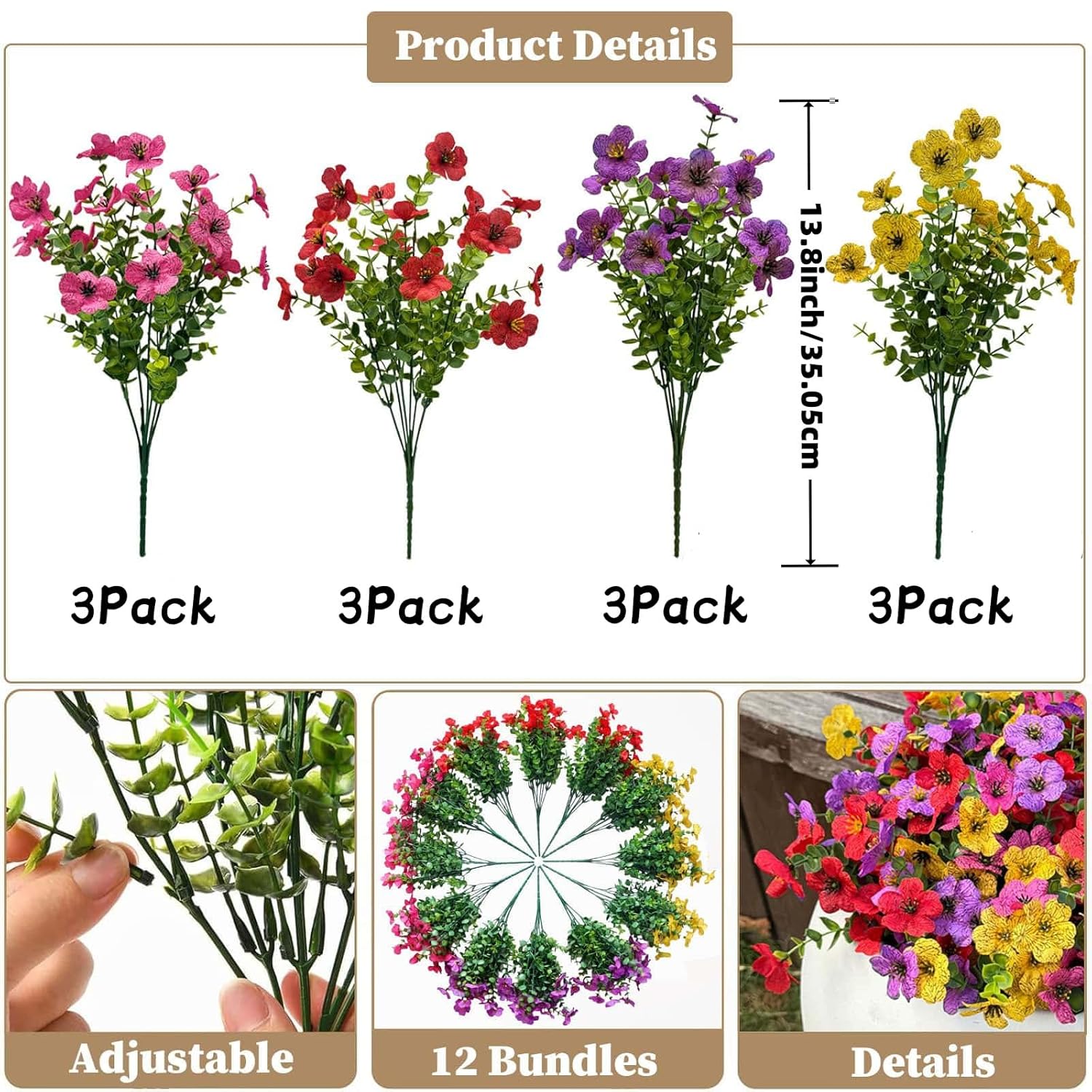 Artificial Flowers Outdoor Uv Resistant Fake Plants, 12 Bundles Silk Daisy In Pots For Porch Patio Garden, Faux Potted Home Decor For Outside (Mix Pink, Red, Purple, Yellow)