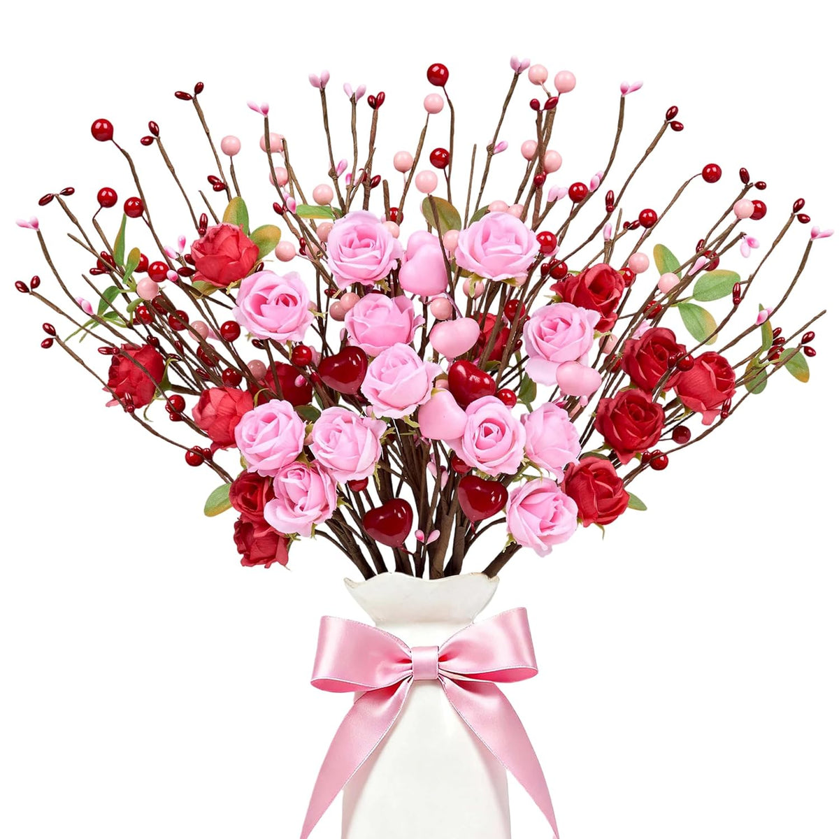 Valentines Day Decorations 12 Pack Valentines Day Artificial Flowers 17 Inch Valentine'S Picks With Red Roses Flower Pink Love Heart Berries For Valentine Wedding Anniversary Party Decor