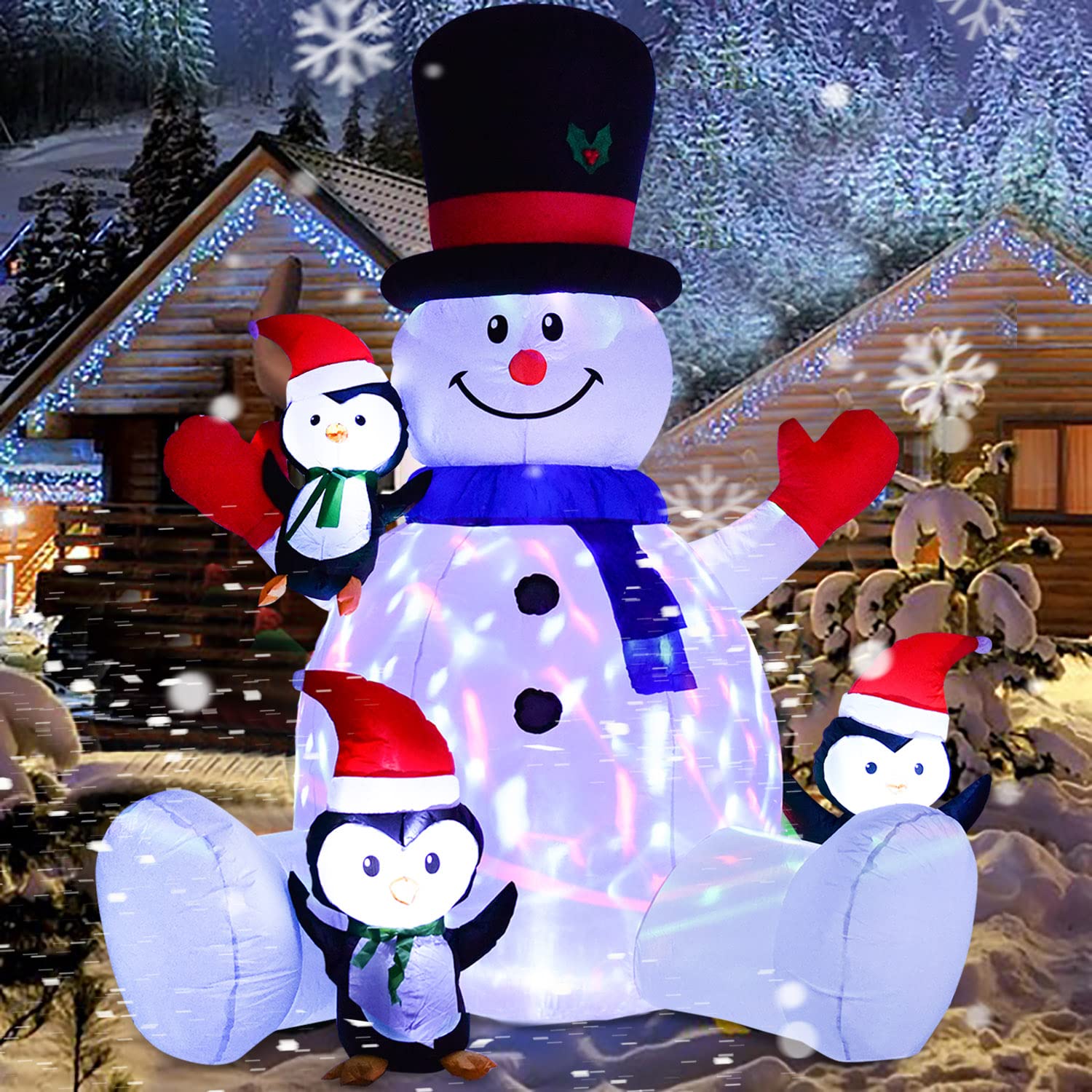 7Ft Inflatable Christmas Snowman With Penguins, Rotating 7 Color Changing Led Lights And 3Led Lights Xmas Holiday Blow U