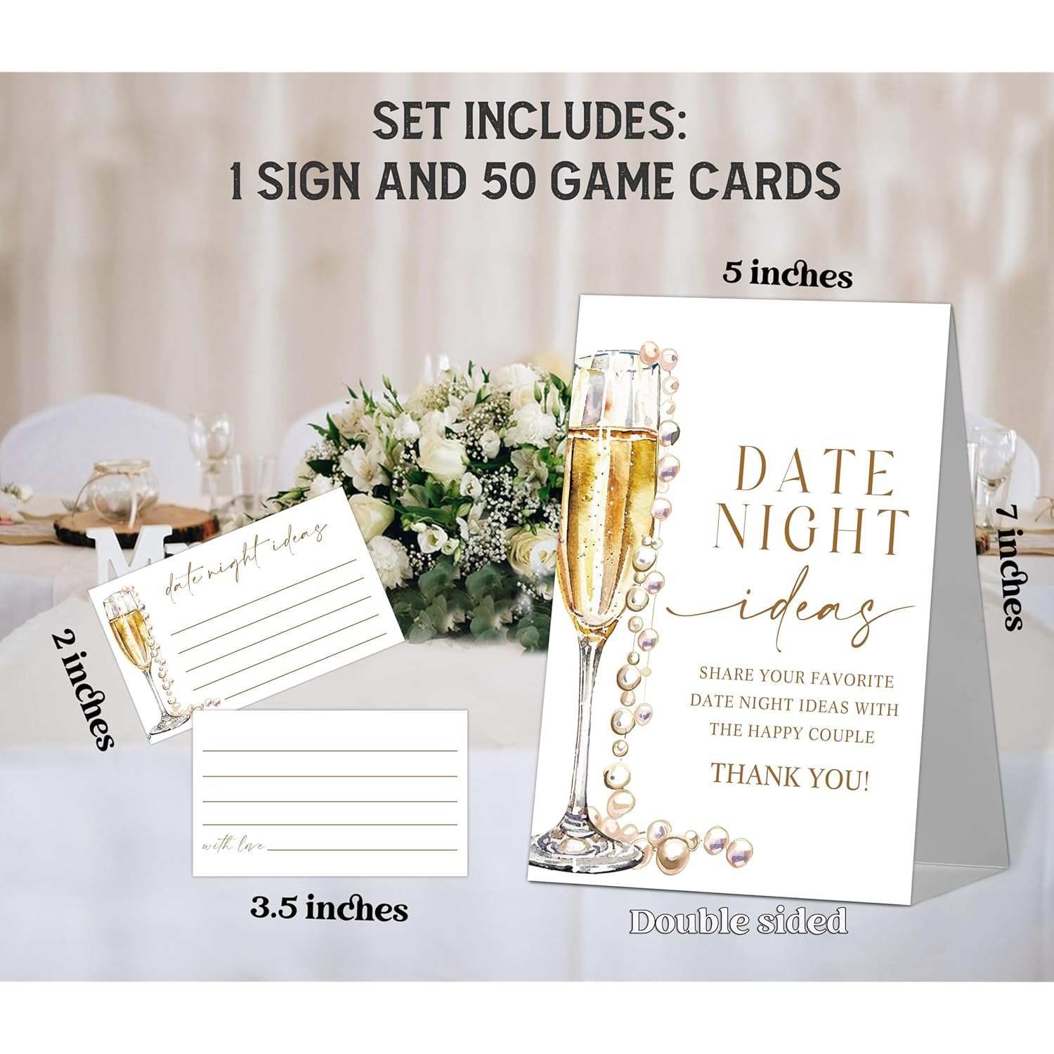 Pearls And Prosecco Bridal Shower Decorations - Date Night Ideas Games, 1 Sign And 50 Date Night Ideas Cards For Bachelorette Engagement Wedding Shower Decorations, 50 Guests