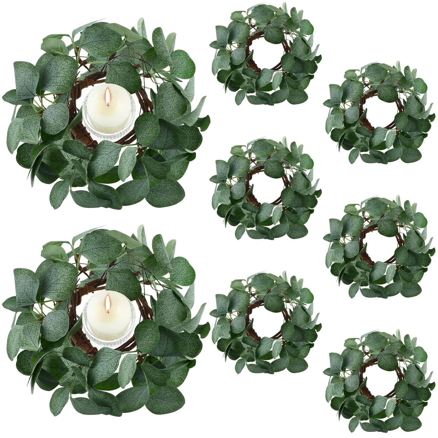 8 Pcs Candle Rings Artificial Eucalyptus Leaves Wreaths Candle Rings Wreaths Greenery Wreath Candle Rings For Pillars Boho Wreath Pillar Candleholders For Wedding Party Home Table Door (,)