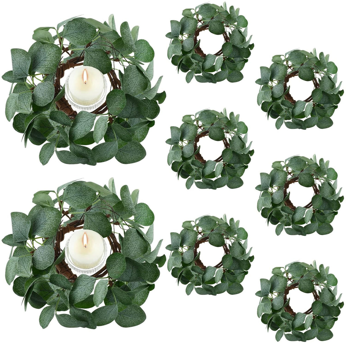 8 Pcs Candle Rings Artificial Eucalyptus Leaves Wreaths Candle Rings Wreaths Greenery Wreath Candle Rings For Pillars Boho Wreath Pillar Candleholders For Wedding Party Home Table Door (,)