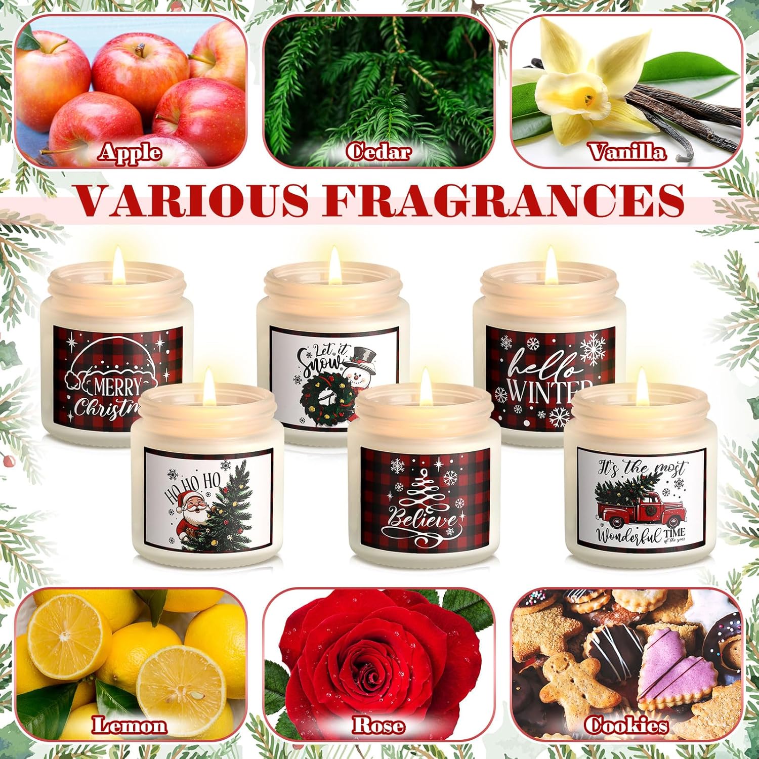 6 Pack Christmas Candles Set Gifts For Christmas Women Holiday Natural Soy Wax Jar Scented Candles For Lover Mom Workmate Xmas Decor Apple Cookies Vanilla Cedar Lemon Fragrance
