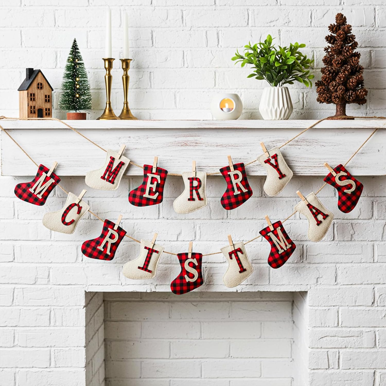 Merry Christmas Burlap Banner, Sock Shaped Christmas'S Decoration, Unique Hand-Sewn Christmas'S Decor For Xmas Party Supplies Decoration, Great Firepalce Decorations For Christmas