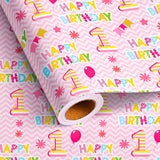 1St Birthday Wrapping Paper Roll - Pink Happy Birthday With Balloon Gift Wrap Sheets For Kids Girls Baby Shower Party Decoration Celebration Total 28.5Sq.Ft