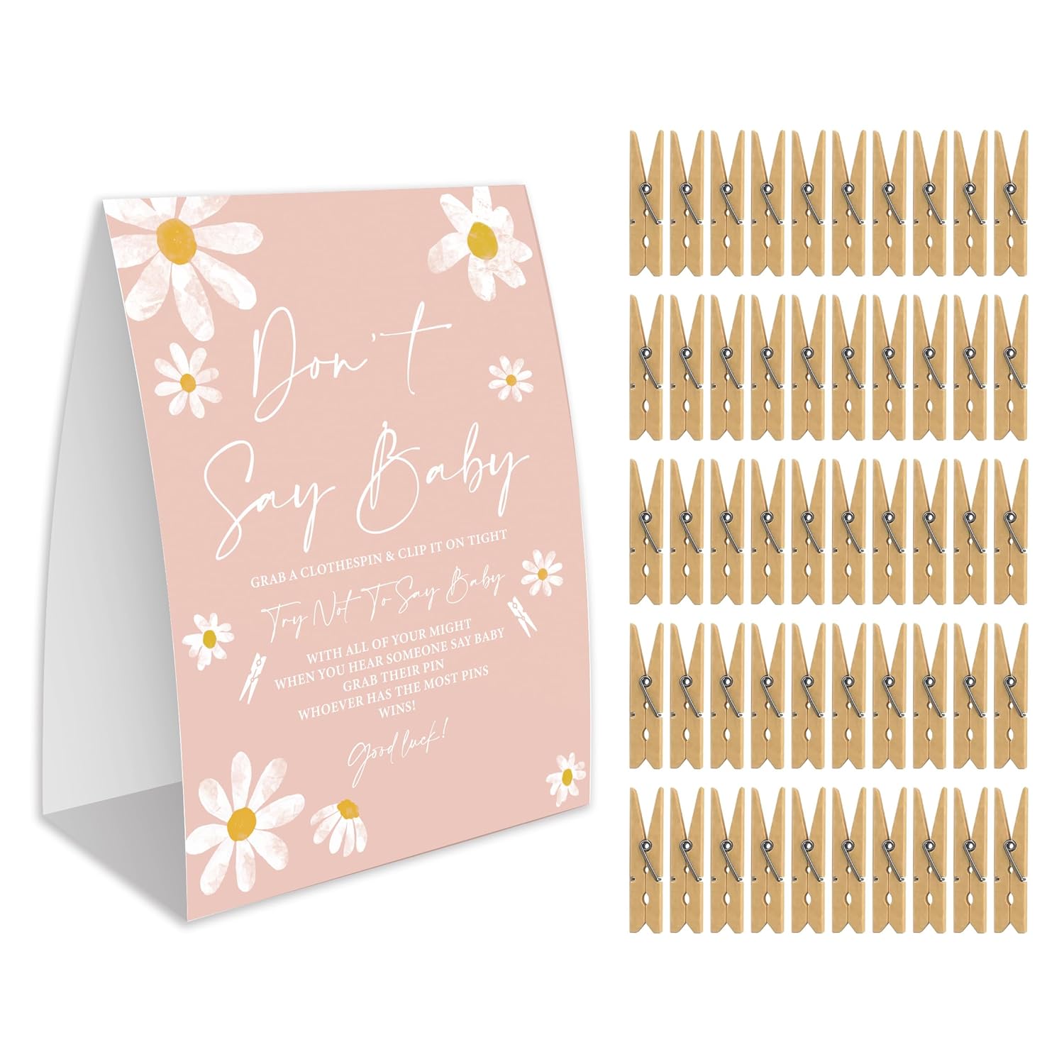 Don'T Say Baby Game For Baby Shower, 50 Wooden Clothespins And One Sign, White Daisy Theme, Pins For Baby Shower Decorations, Gender Reveal Games, Baby Shower Supplies-Bb10