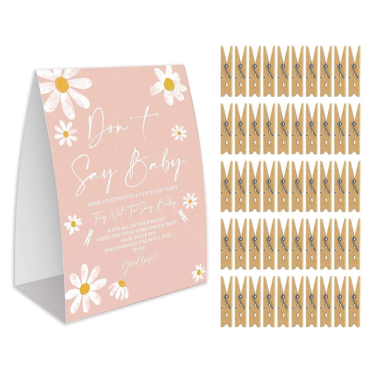 Don'T Say Baby Game For Baby Shower, 50 Wooden Clothespins And One Sign, White Daisy Theme, Pins For Baby Shower Decorations, Gender Reveal Games, Baby Shower Supplies-Bb10