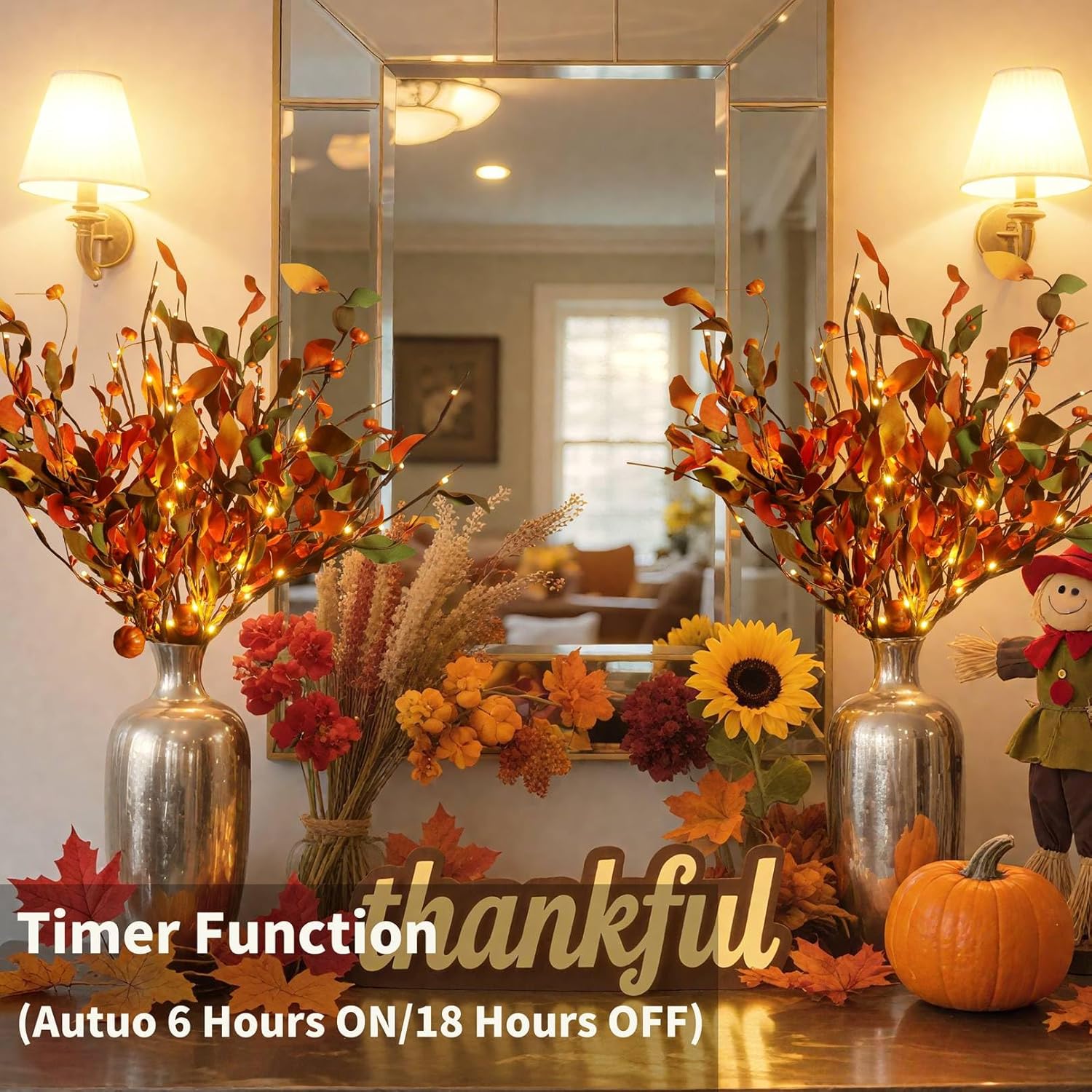 3Pcs Fall Decor Led Lighted Branches Lights With Timer With Artificial Fall Stems Pumpkins, Battery Operated, Autumn Twig Fairy Lights For Vase Living Room Bedroom Thanksgiving Party Indoor Outdoor