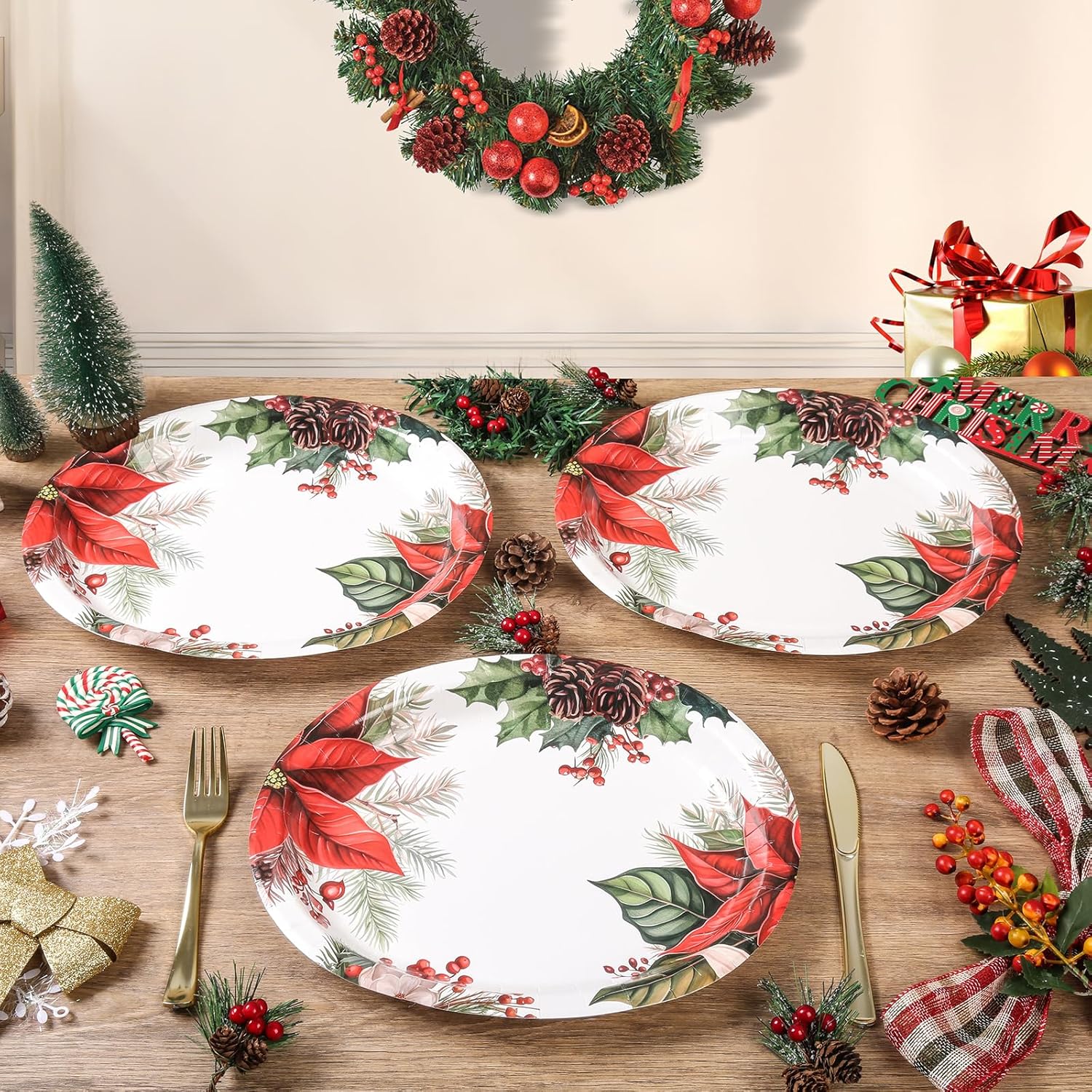 50Pcs Christmas Paper Plates - Poinsettia Flower Oval Plates, Heavy Duty, Disposable Dinnerware Serving Tray For Christmas Holiday Party, 10 X 12 Inch