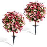 Artificial Boxwood Topiary Ball Tree With Mum Flowers 24” Tall Faux Plant With Ground Spikes Set Of 2 Fake Flower Bushs For Farmhouse Porch Home Garden Decor