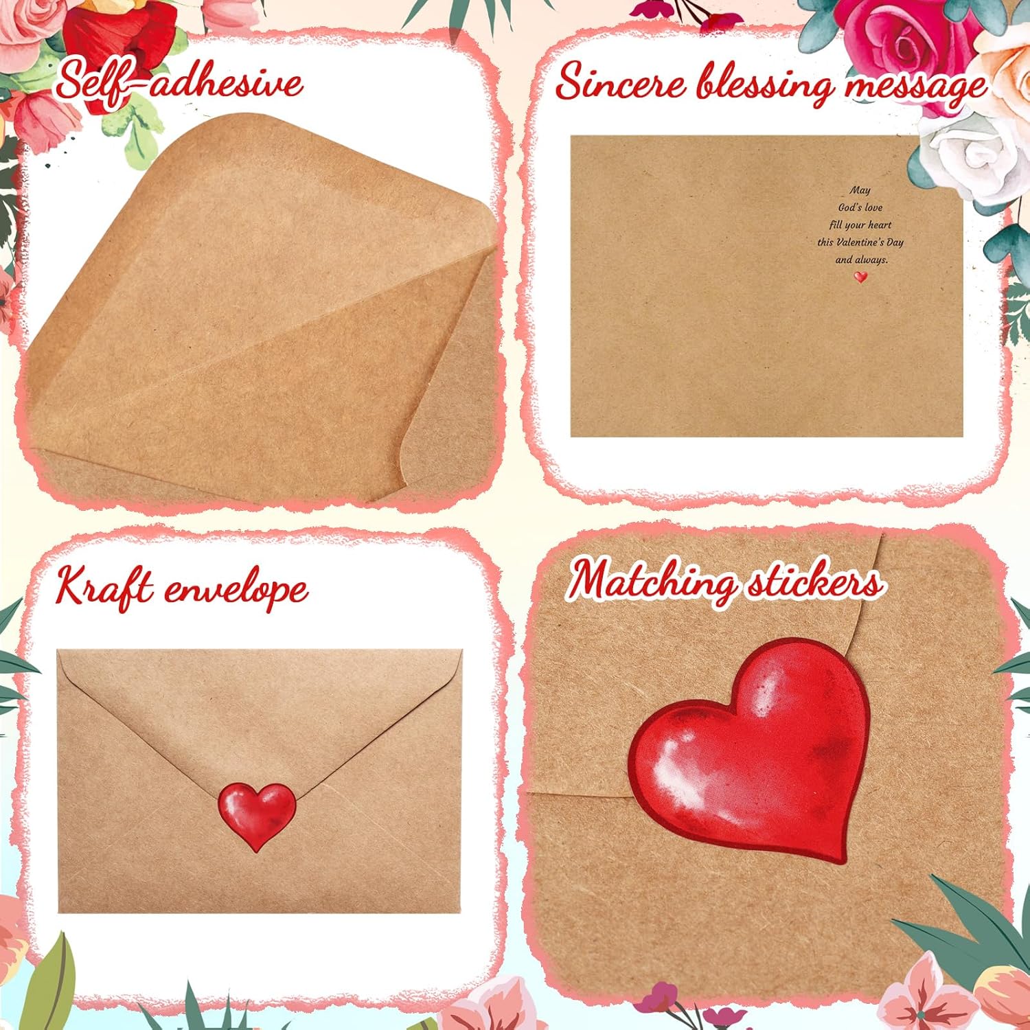 120 Pcs Religious Valentines Day Cards With Envelopes And Stickers Jesus Valentines Christian Greeting Cards Bulk Assorted Blossom Heartfelt For Adults Anniversary Party (Kraft)