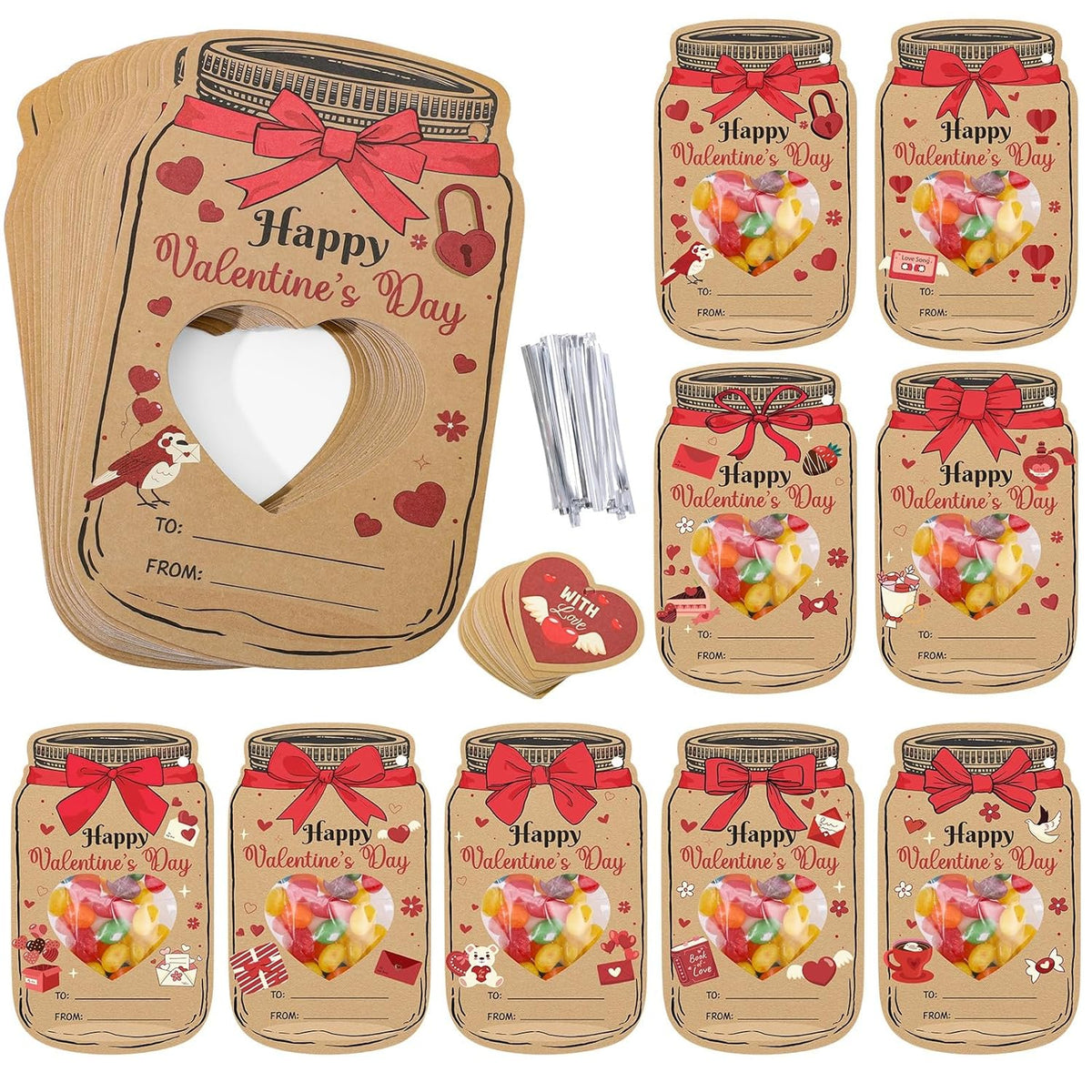 Valentines Day Cards For Kids School, 36 Pack Candy Jar Valentine Card Set With Treat Bags Classroom Exchange Gift For Boys Girls Toddlers Friends Party Favors (Candy Not Included)