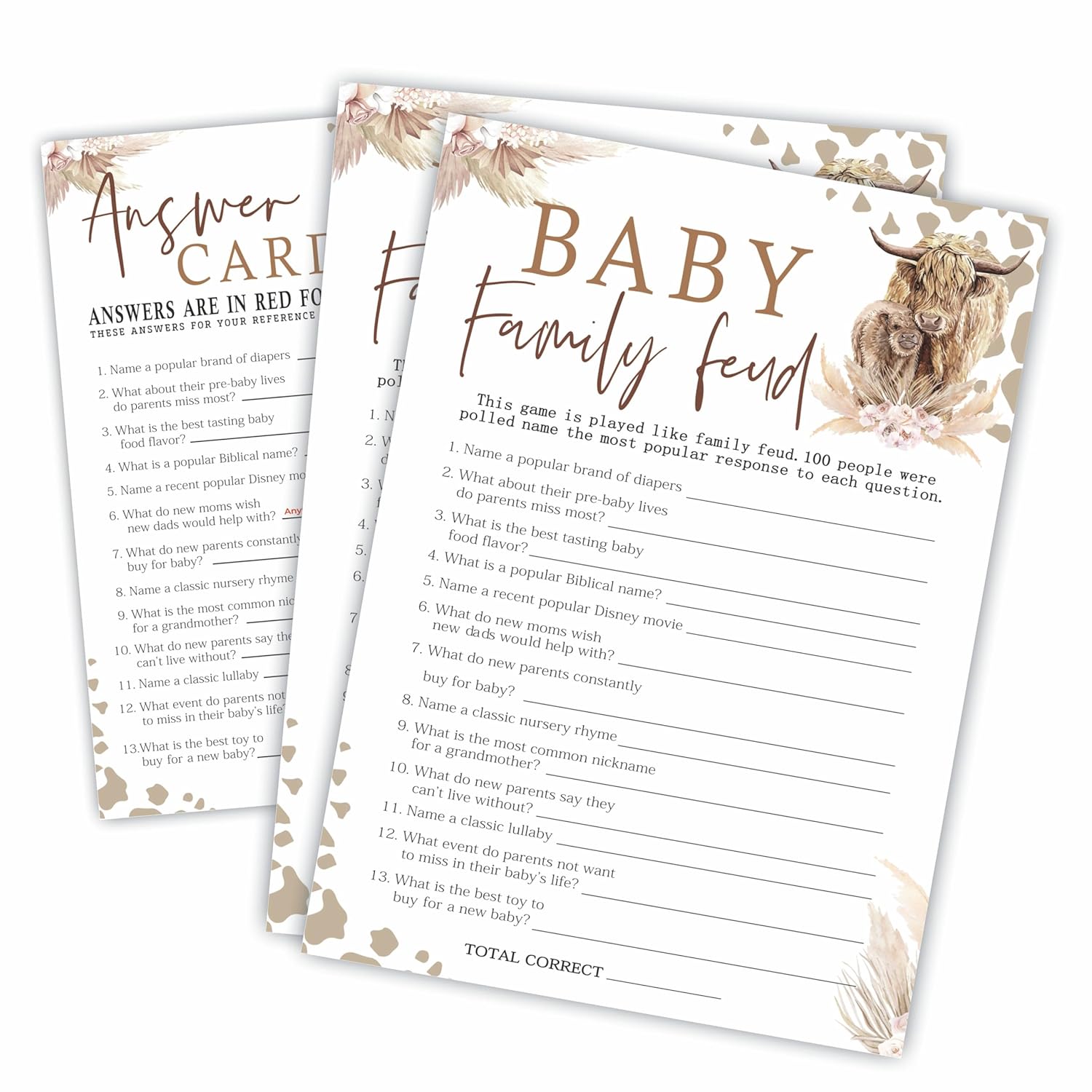 Family Feud Game Kit For Baby Shower - Holy Cow! Western Ranch Theme - 30 Fill In Game Cards & 1 Answer Card For Baby Shower, Gender Reveal Games, Party Favor, Decorations & Supplies - C08