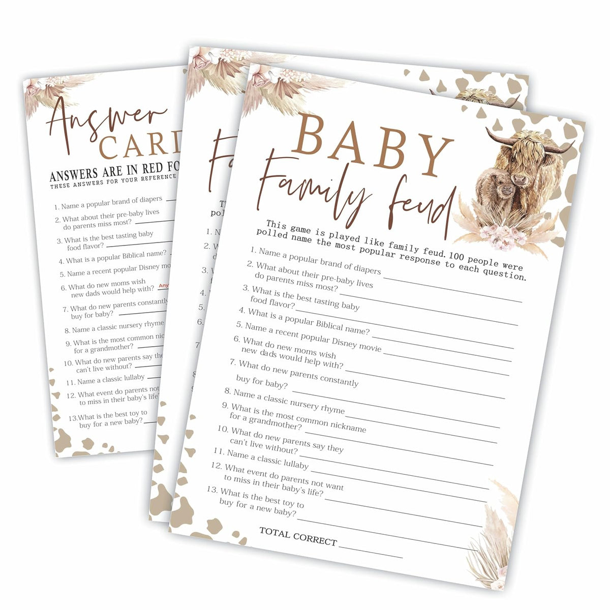 Family Feud Game Kit For Baby Shower - Holy Cow! Western Ranch Theme - 30 Fill In Game Cards & 1 Answer Card For Baby Shower, Gender Reveal Games, Party Favor, Decorations & Supplies - C08