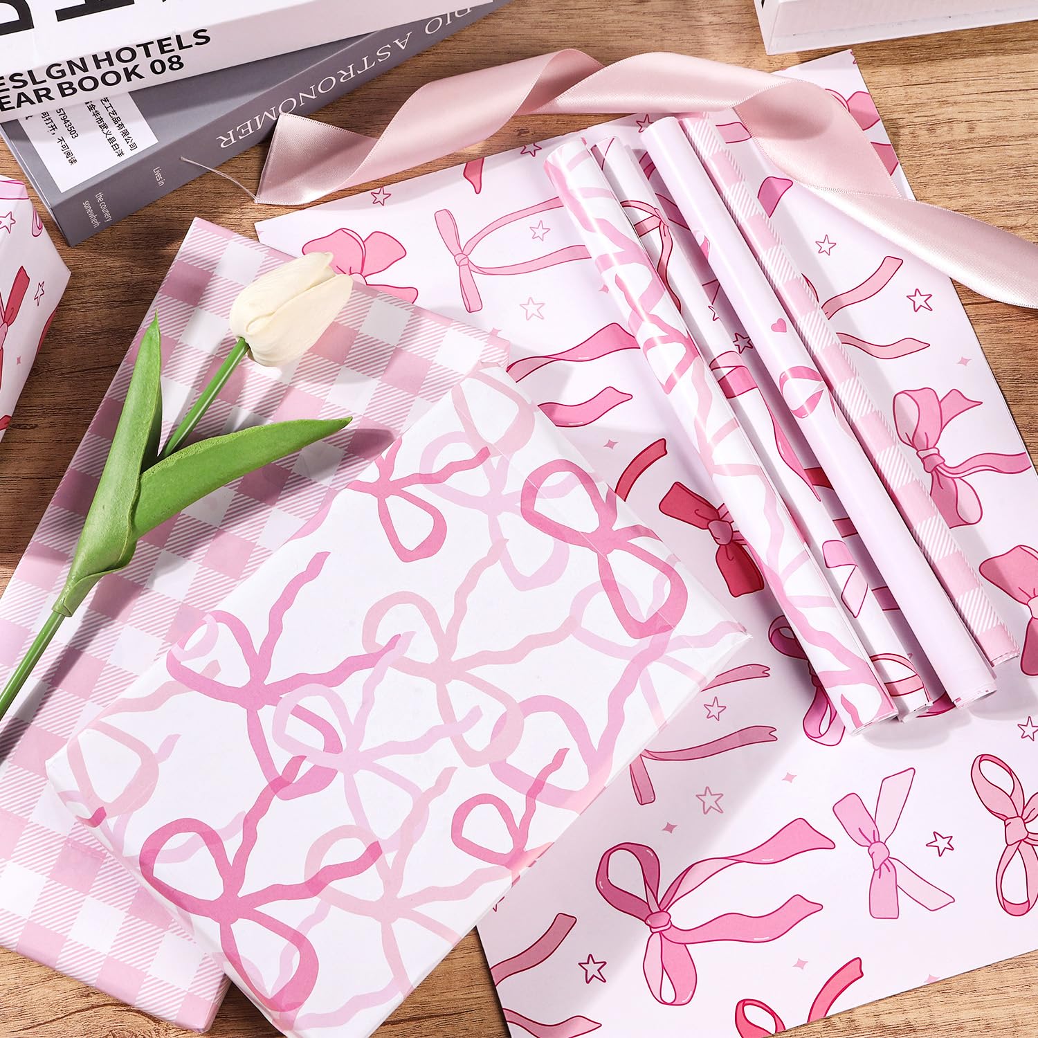 Pink Bow Wrapping Paper - Cute Baby Shower & Wrap Paper For Xmas, Birthday, Bridal & Bachelorette Parties