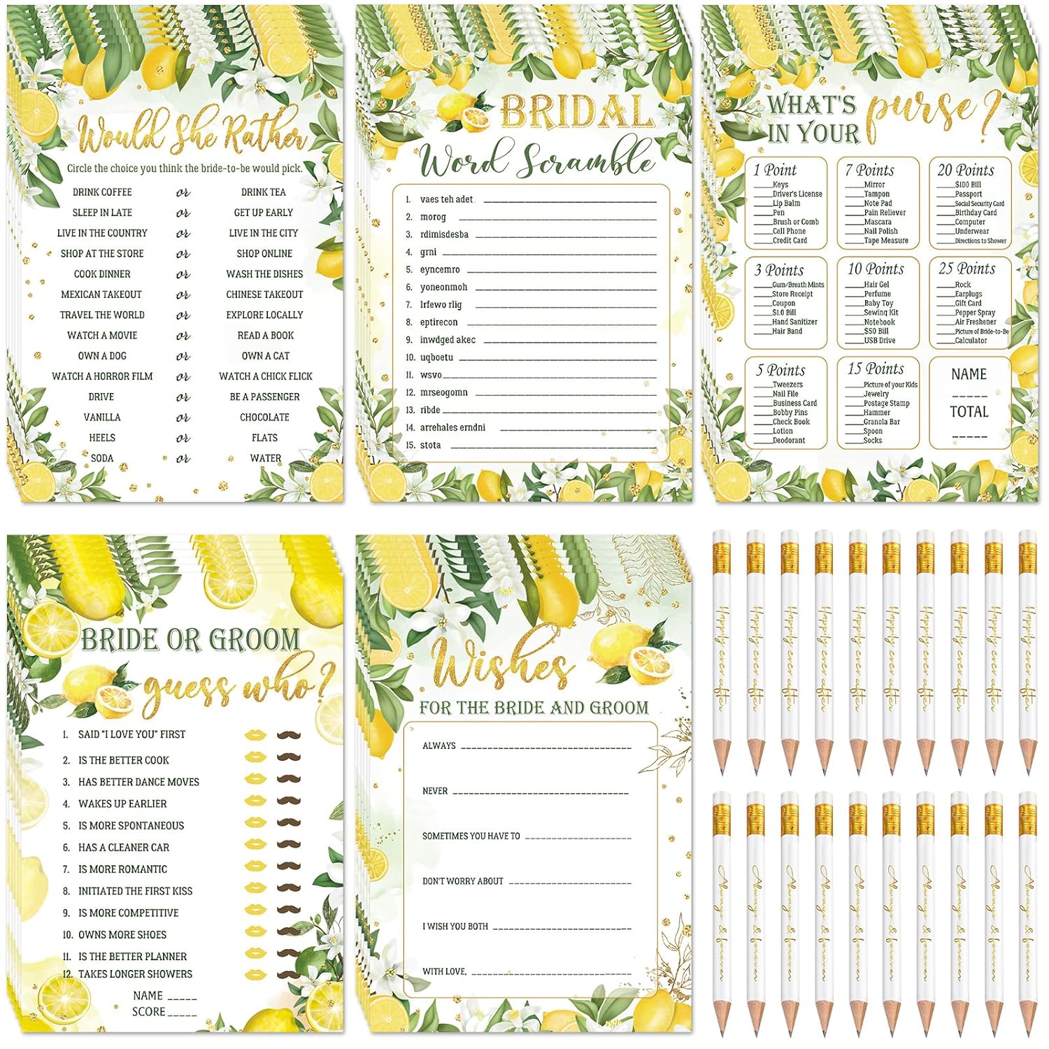 220 Pieces Lemon Bridal Shower Game Set - Bridal Shower Game Favors Wedding Cards Eucalyptus And Pencils Activity Accessories For Bride Groom Bachelorette Party Wedding Supplies