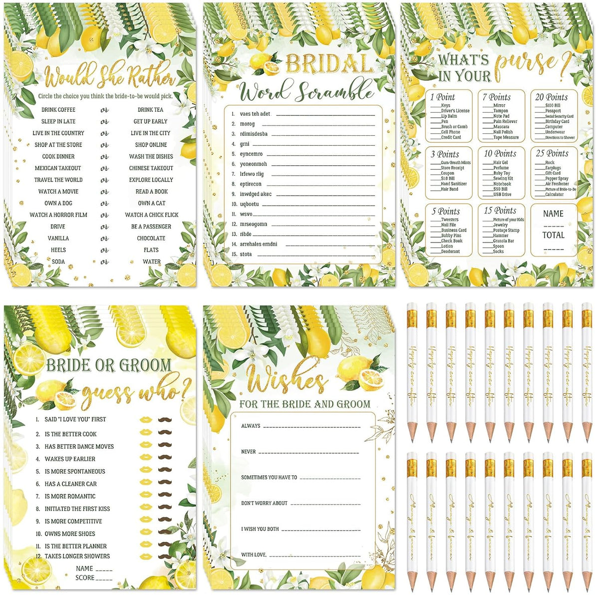 220 Pieces Lemon Bridal Shower Game Set - Bridal Shower Game Favors Wedding Cards Eucalyptus And Pencils Activity Accessories For Bride Groom Bachelorette Party Wedding Supplies