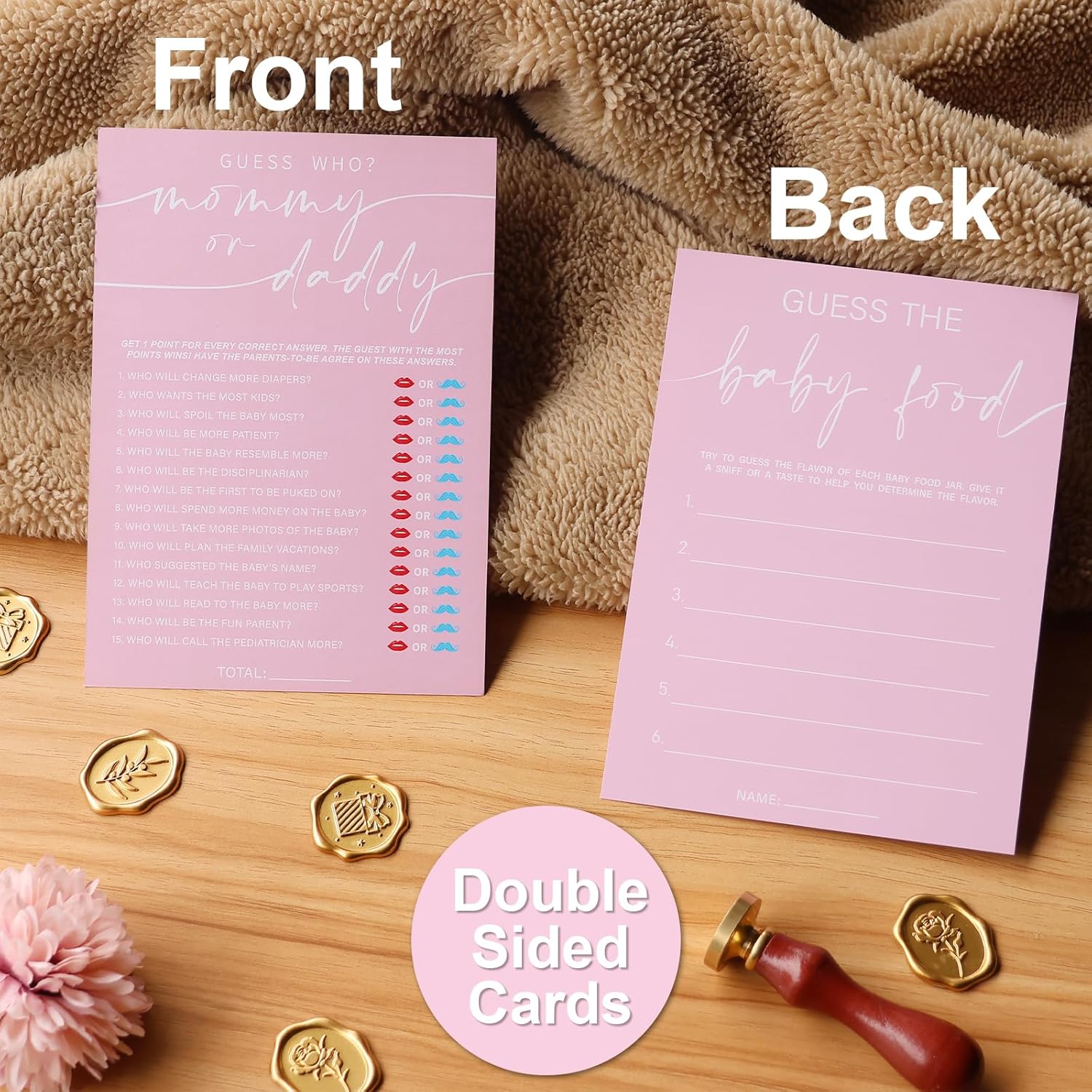 Baby Shower Games For Girl – Set Of 4 Funny Baby Shower Games For 30 Guests, Guess Who Mommy Or Daddy, Price Is Right, Name Face, Guess The Baby Food Fun Baby Shower Game Double-Sided Cards