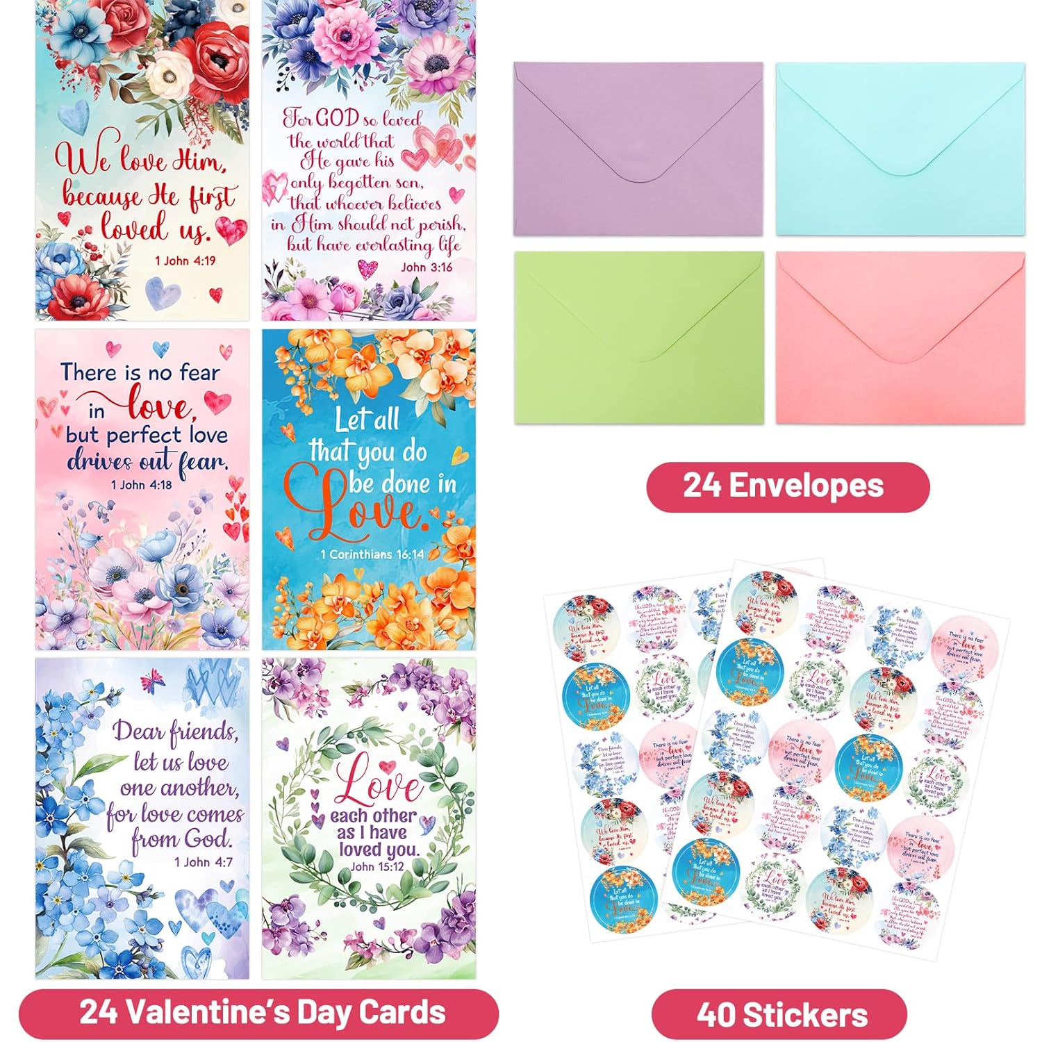24Pcs Religious Valentines Day Cards Floral Happy Valentine'S Day Christian Greeting Card Bulk Assortment With Envelopes And Stickers For Adults Kids Party Favors Supplies
